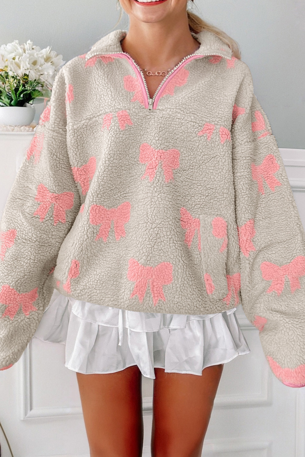 Gray Bow Sherpa Quarter Zip Drop Shoulder Baggy Sweatshirt