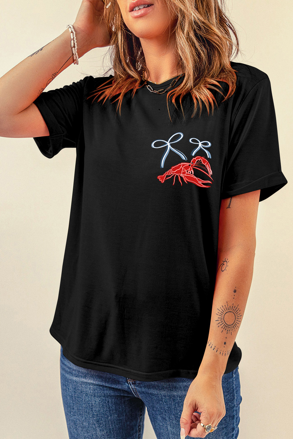 Black Girlie Bow Crawfish Printed T Shirt