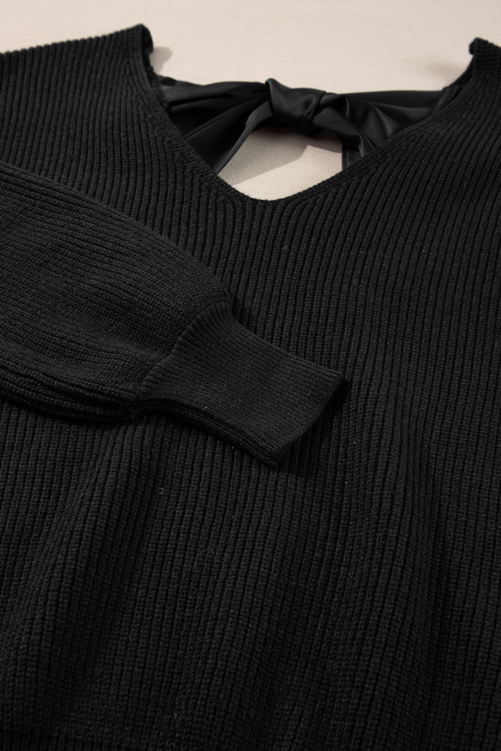 Racing Red Lantern Sleeve V Neck Knot Back Sweater