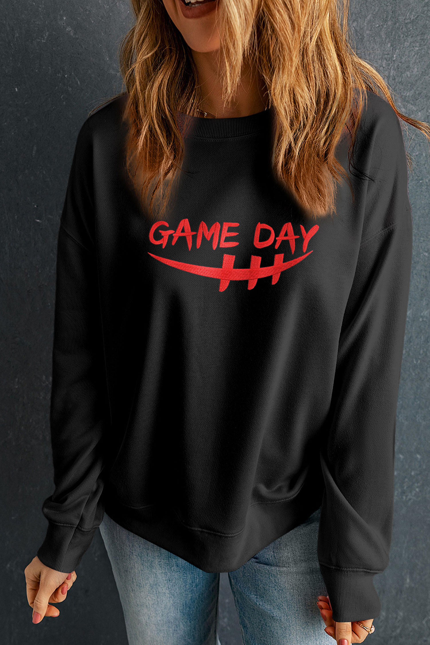 Black GAME DAY Embroidered Graphic Casual Pullover Sweatshirt