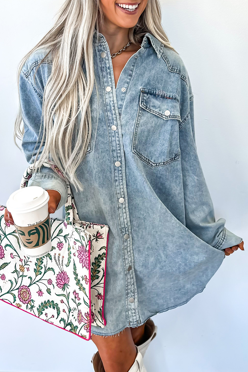 Blue Beau Chest Pocket Raw Hem Denim Loose Shirt Dress