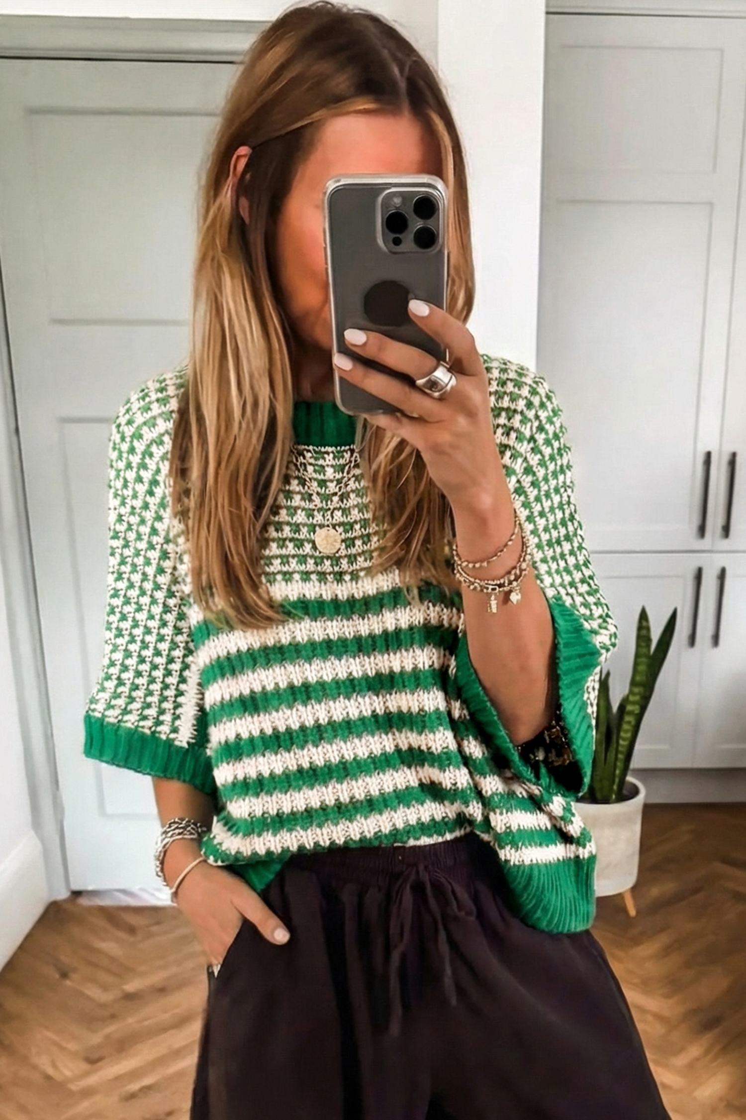 Black Stripe 3/4 Draped Sleeve Slouchy Sweater