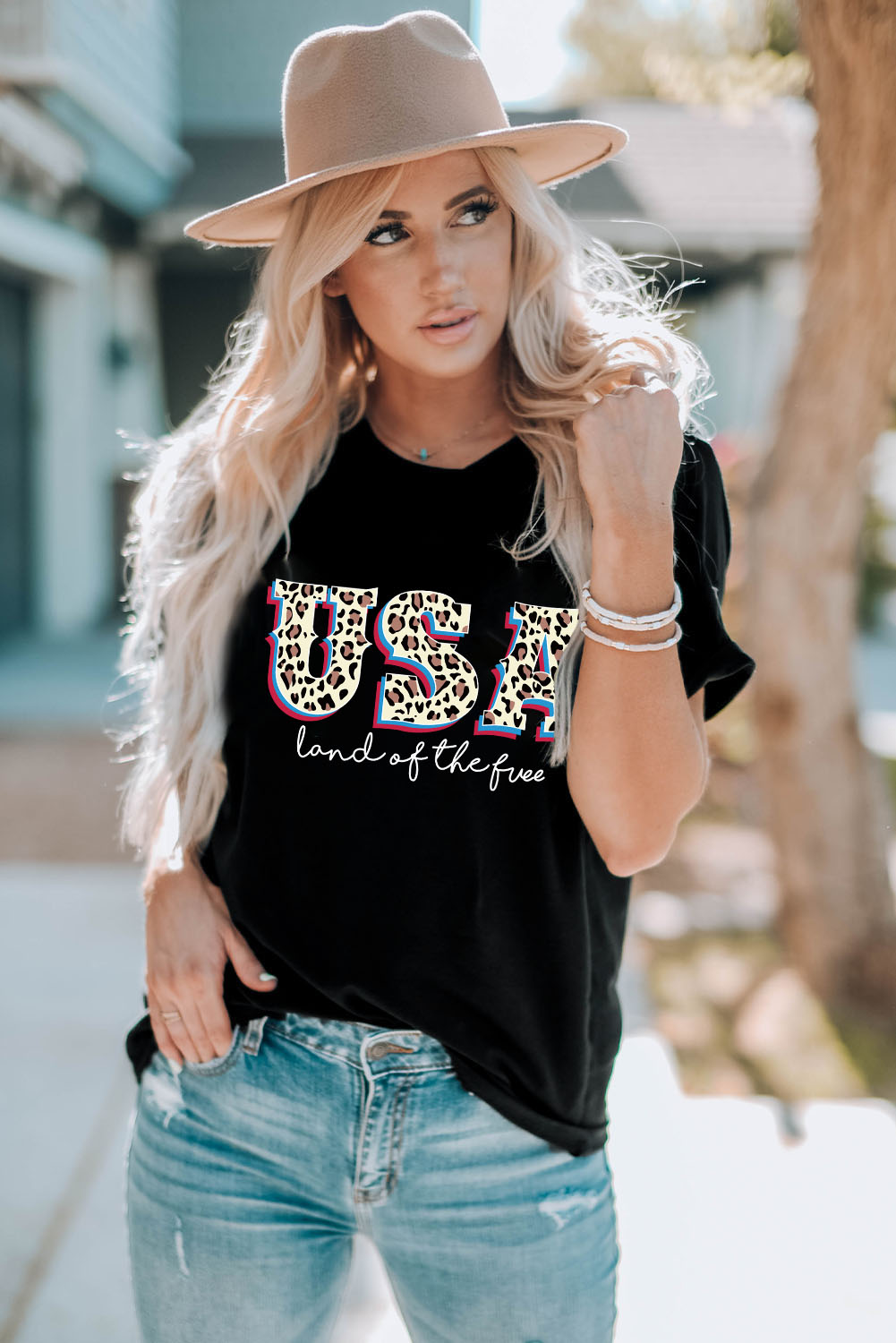 Gray Blooming USA Flag Print Casual T Shirt