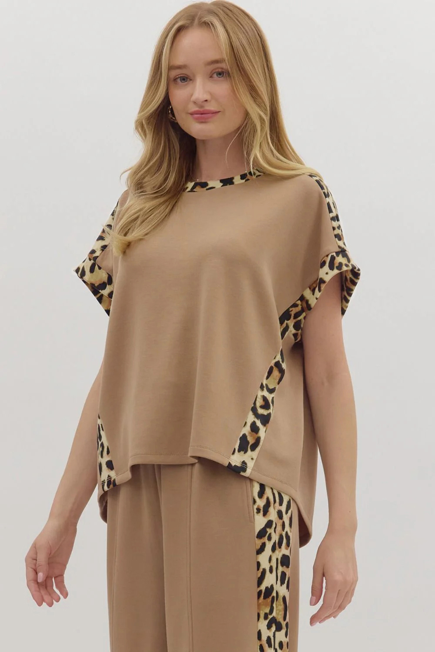 Sea Green Leopard Trim Round Neck Loose T Shirt