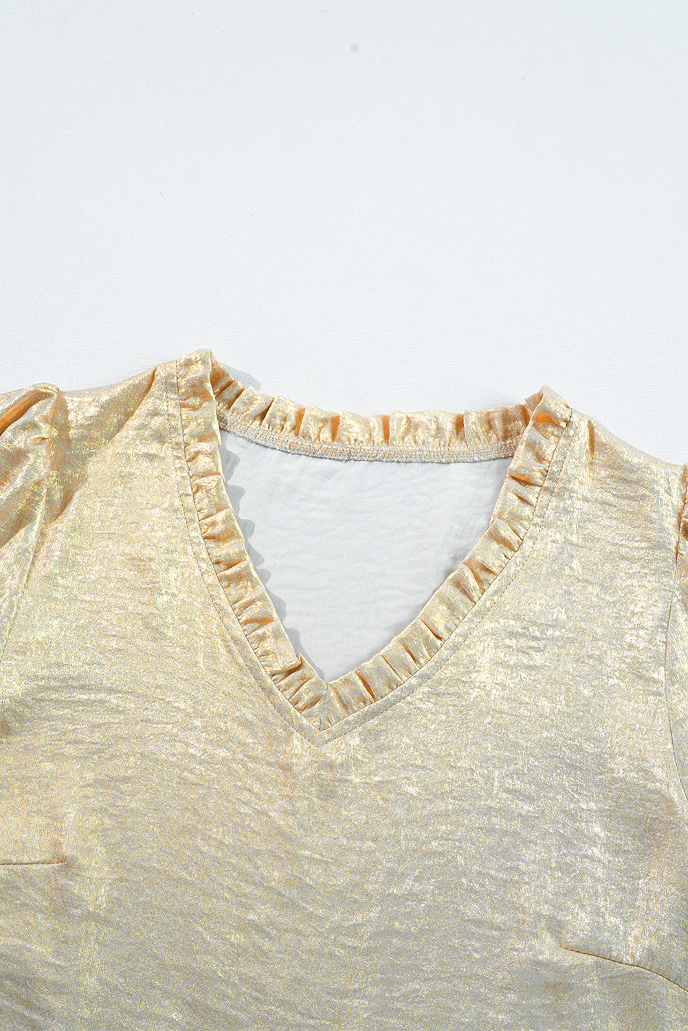 Dearlovers Gold Metallic Frilled V Neck Puff Sleeve Babydoll Blouse