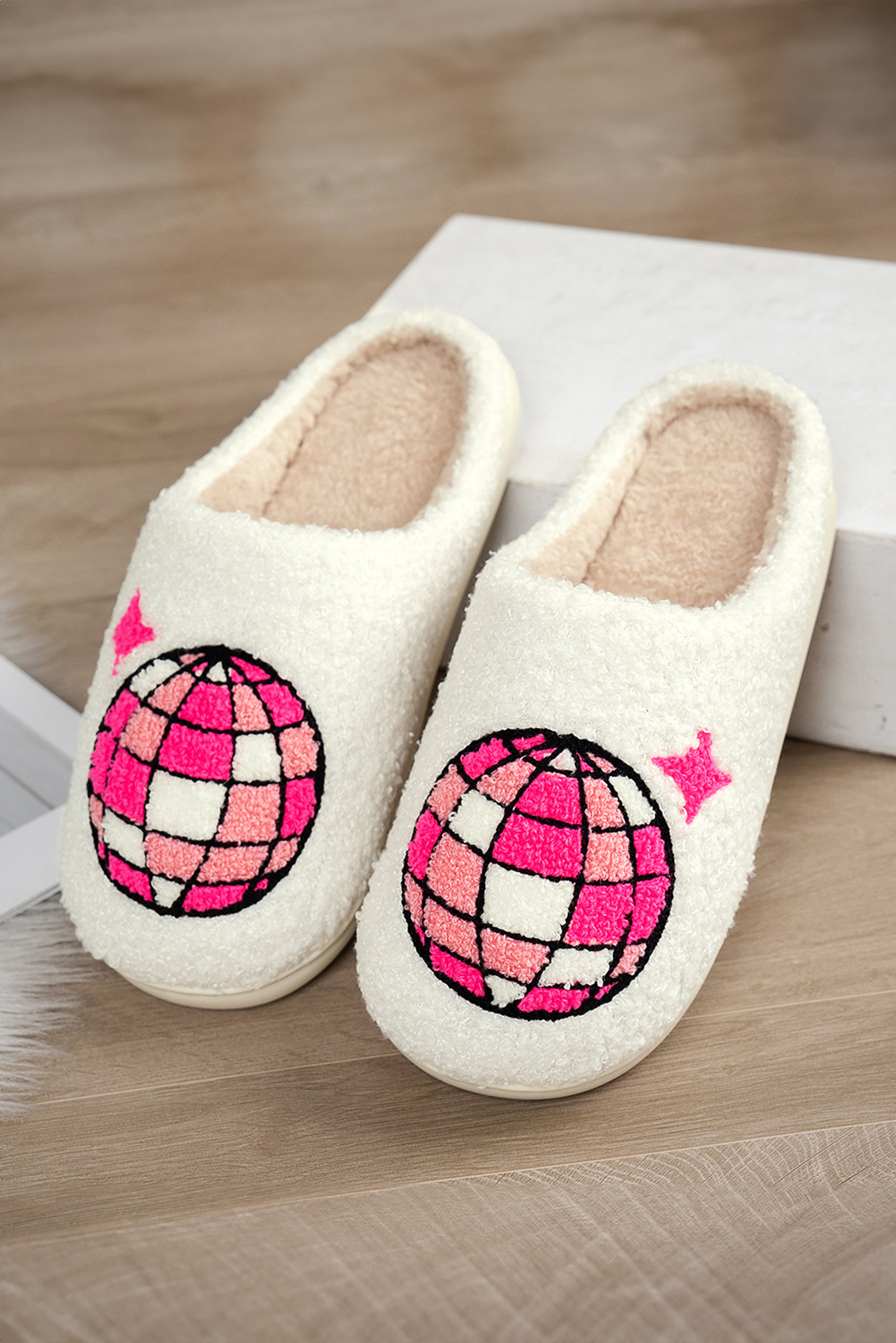 Black Disco Ball Print Fuzzy Winter House Slippers