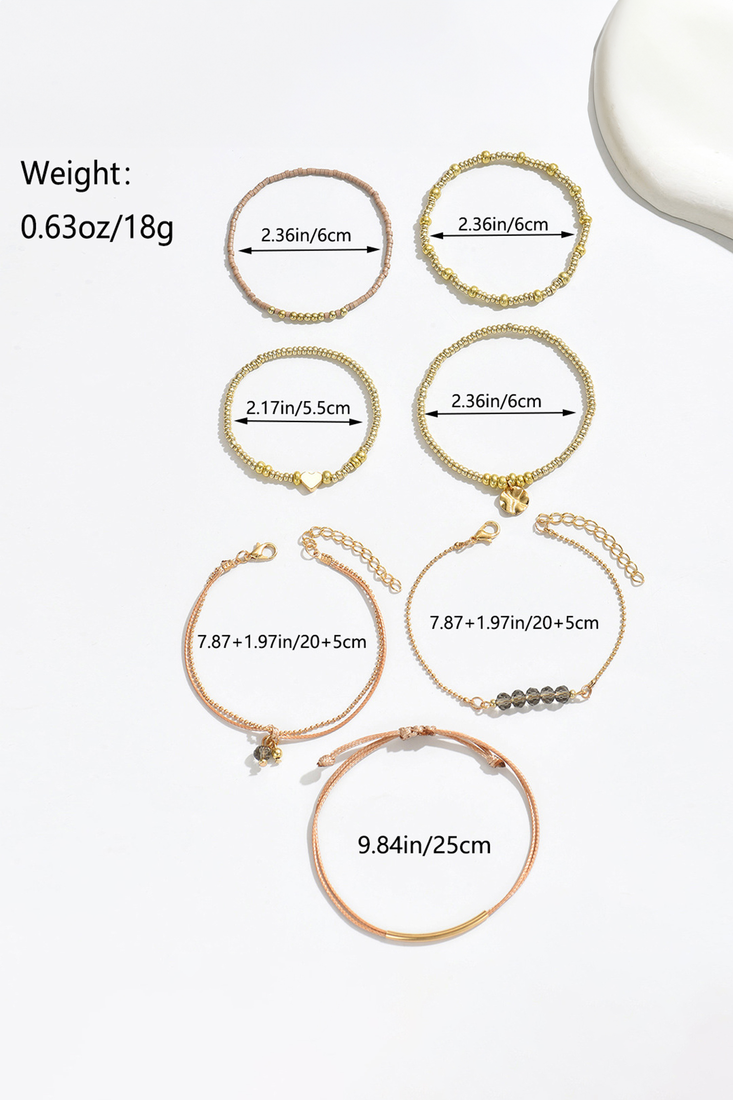 Gold 7pcs Bohemian Heart Bead Layered Bracelet Set