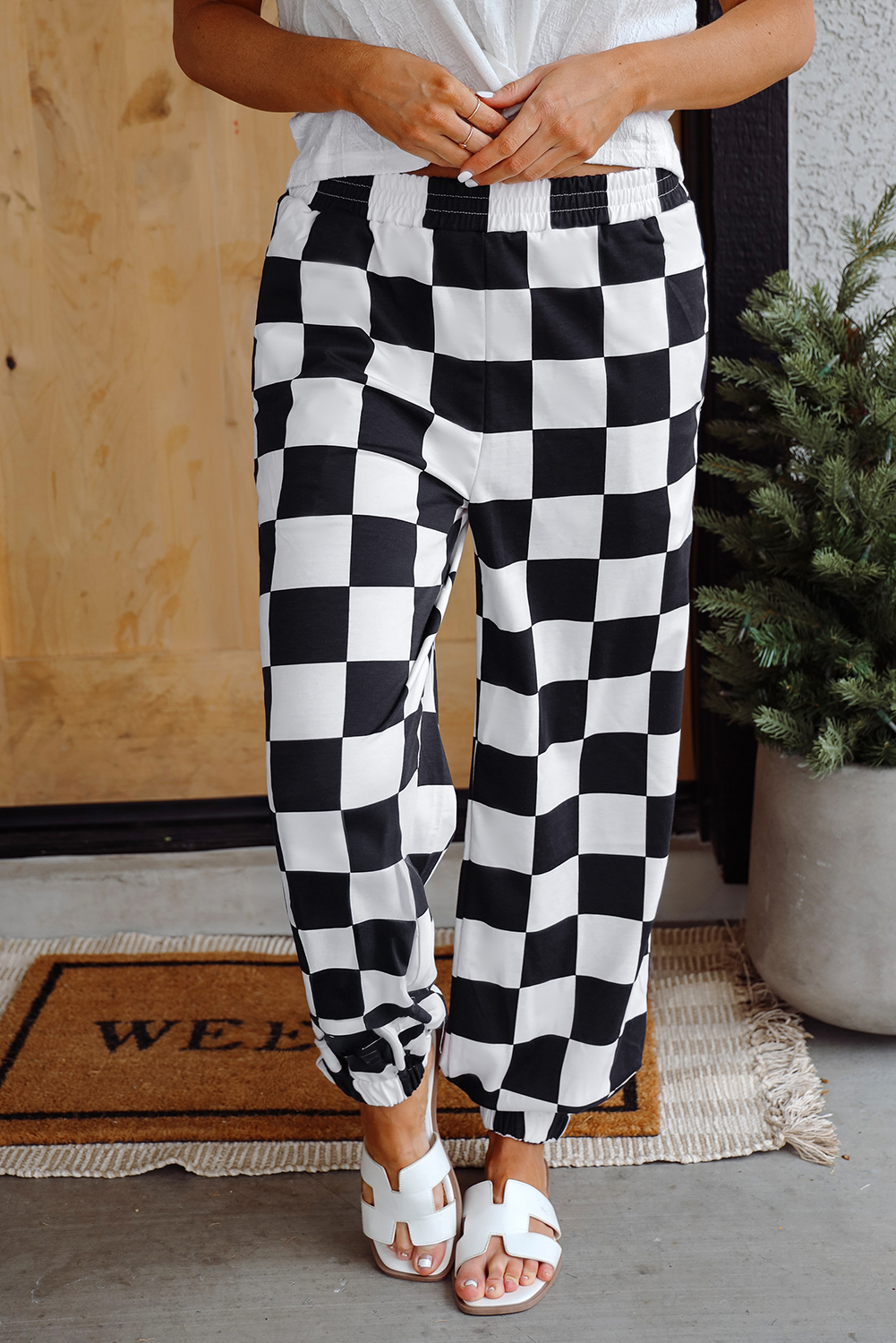 Black 2-Tone Checked Print High Waist Wide Leg Pants