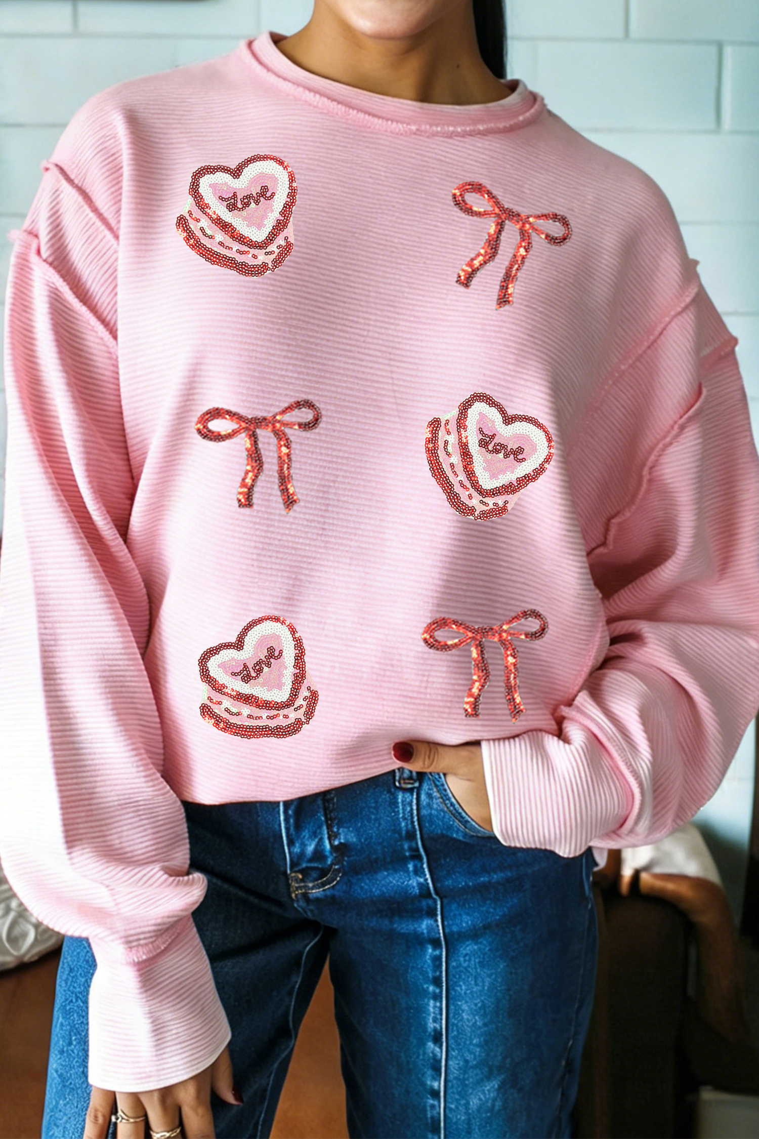 Pink Exposed Seam Ribbed Texture Sequin Love Cake Bow Graphic Long Sleeve Top