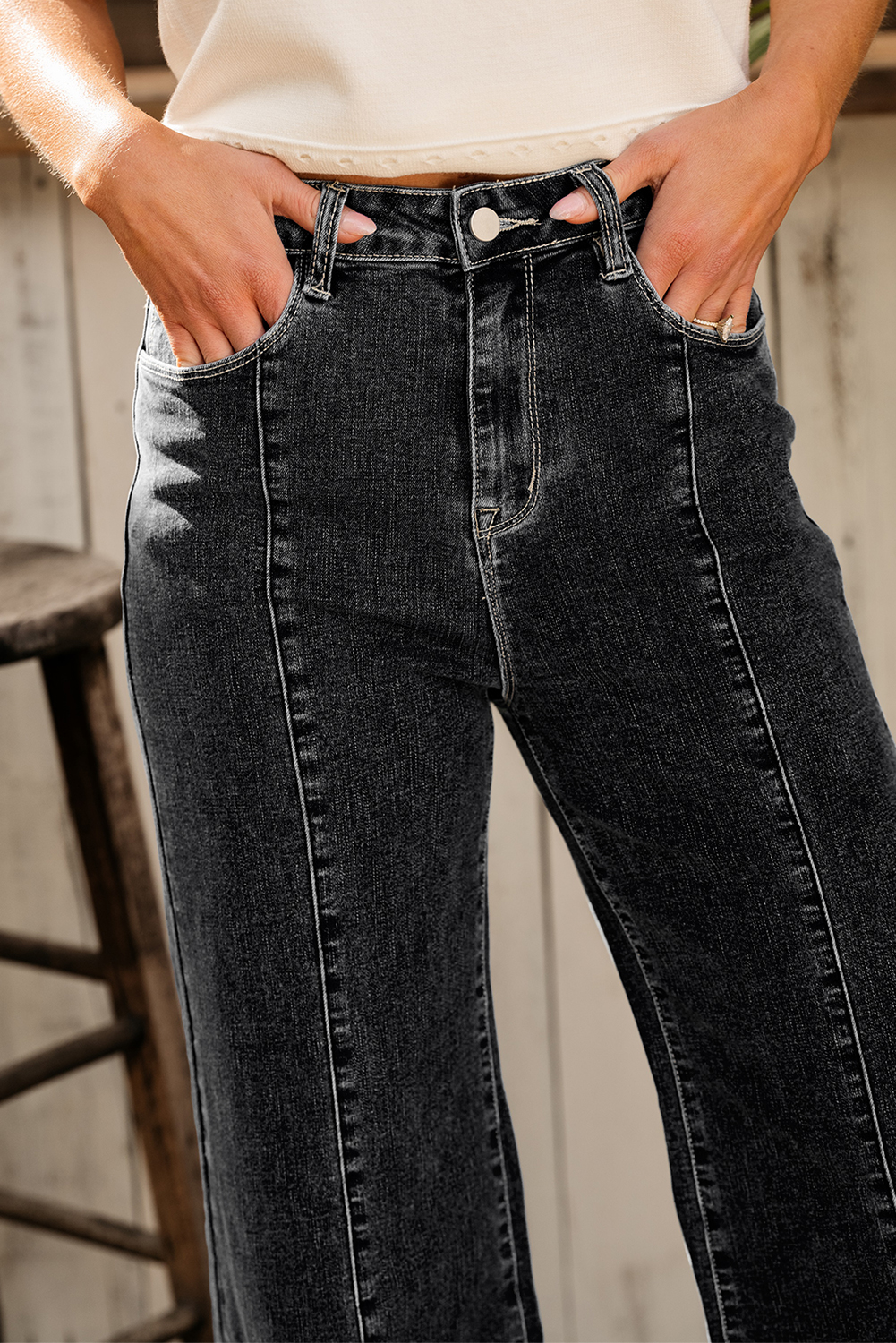 Black Plain Seam Detail Flared Bottom Ankle Length Jeans