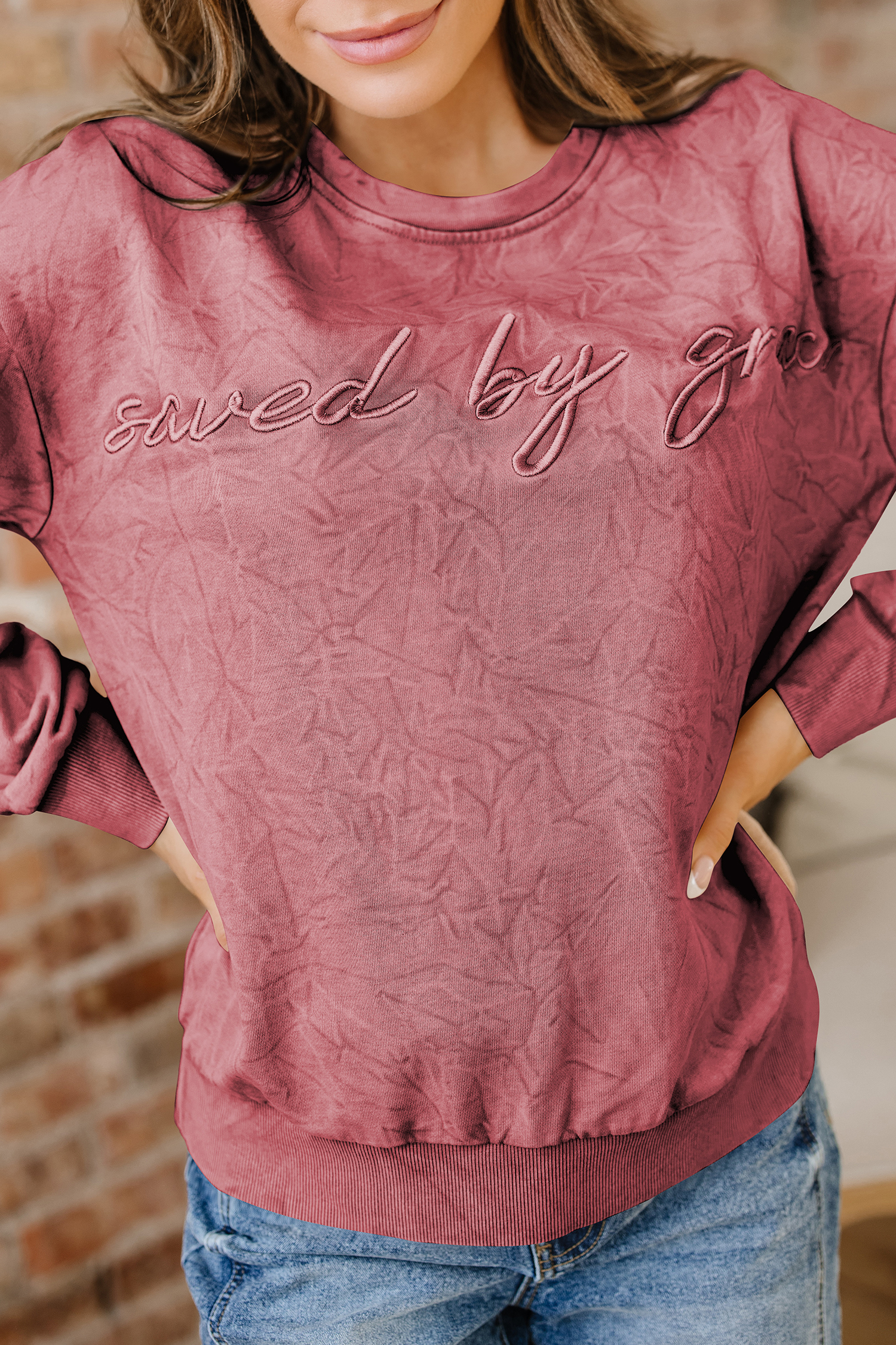 DUNE saved by grace Letter Embroidery Mineral Wash Loose Sweatshirt