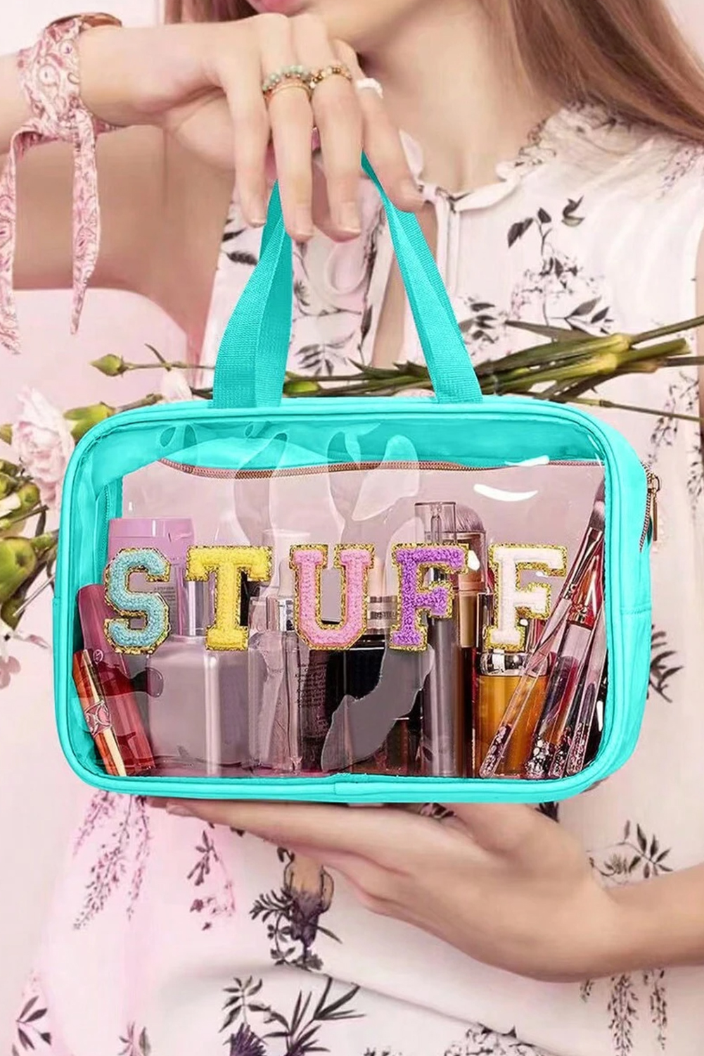 Light Pink TRAVEL Chenille Letter Clear PVC Makeup Bag