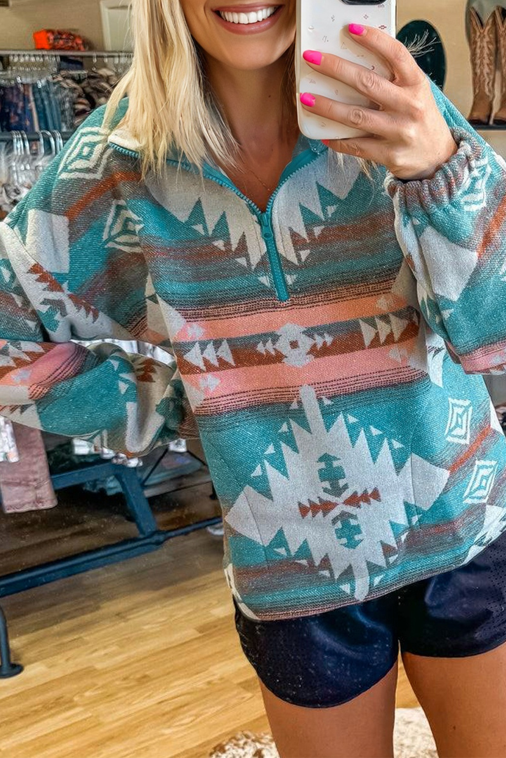 Green Quarter Zip Elastic Cuffs Aztec Sweatshirt