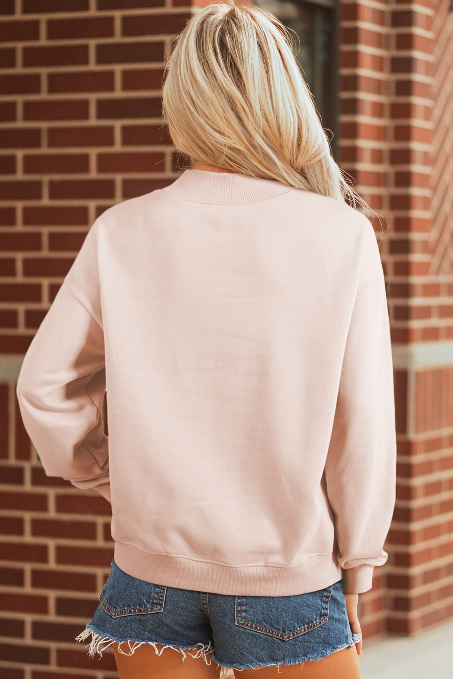 Apricot Pink Sequin Heart Patched Love Cake Mock Neck Sweatshirt