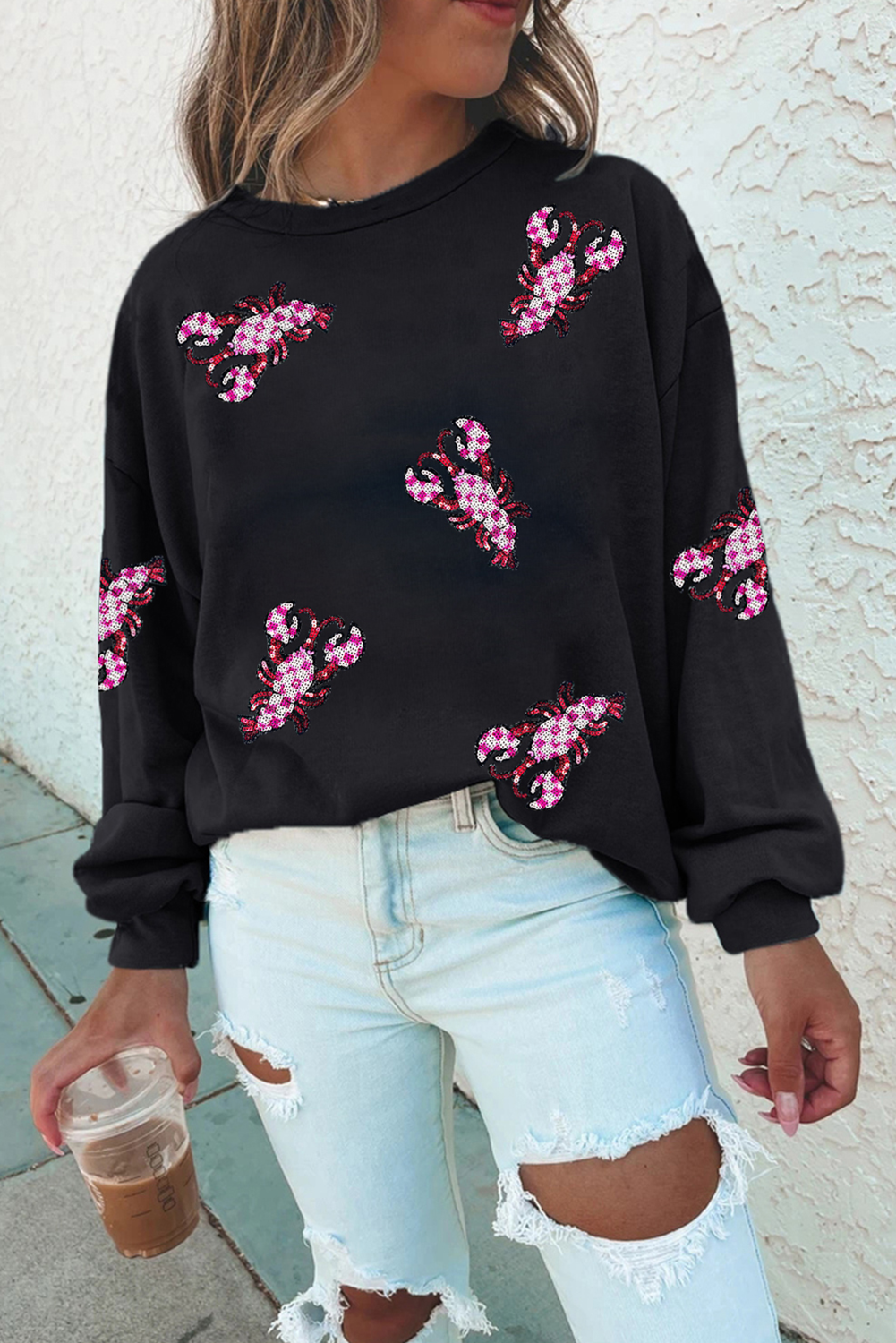 Black Sequin Crawfish Patched Crew Neck Tee