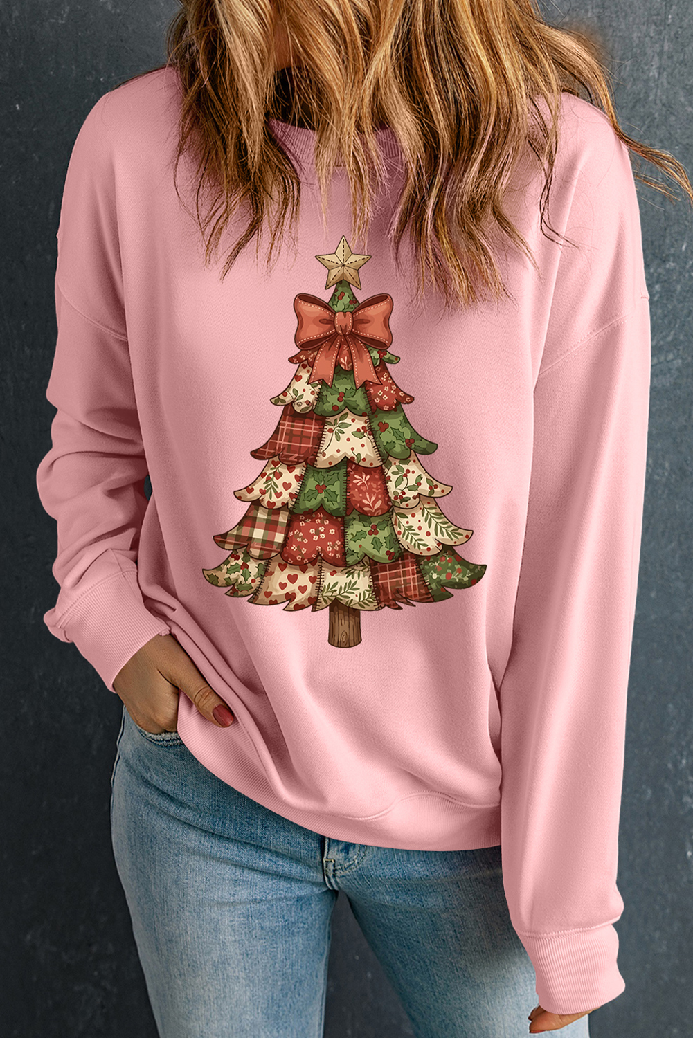 Pink Christmas Tree Graphic Womens Baggy Sweatshirt