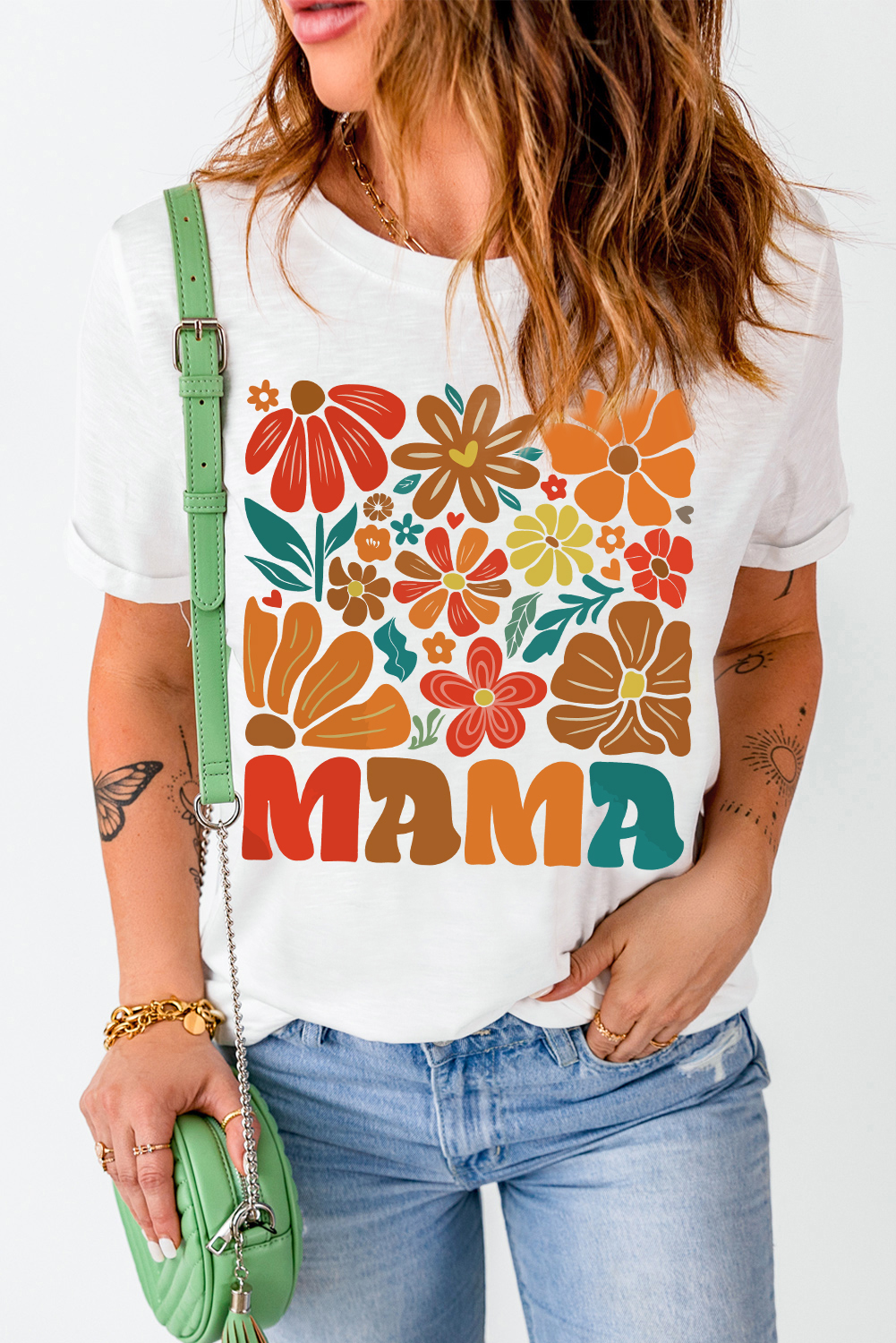 White MAMA Flower Graphic Crewneck Tee