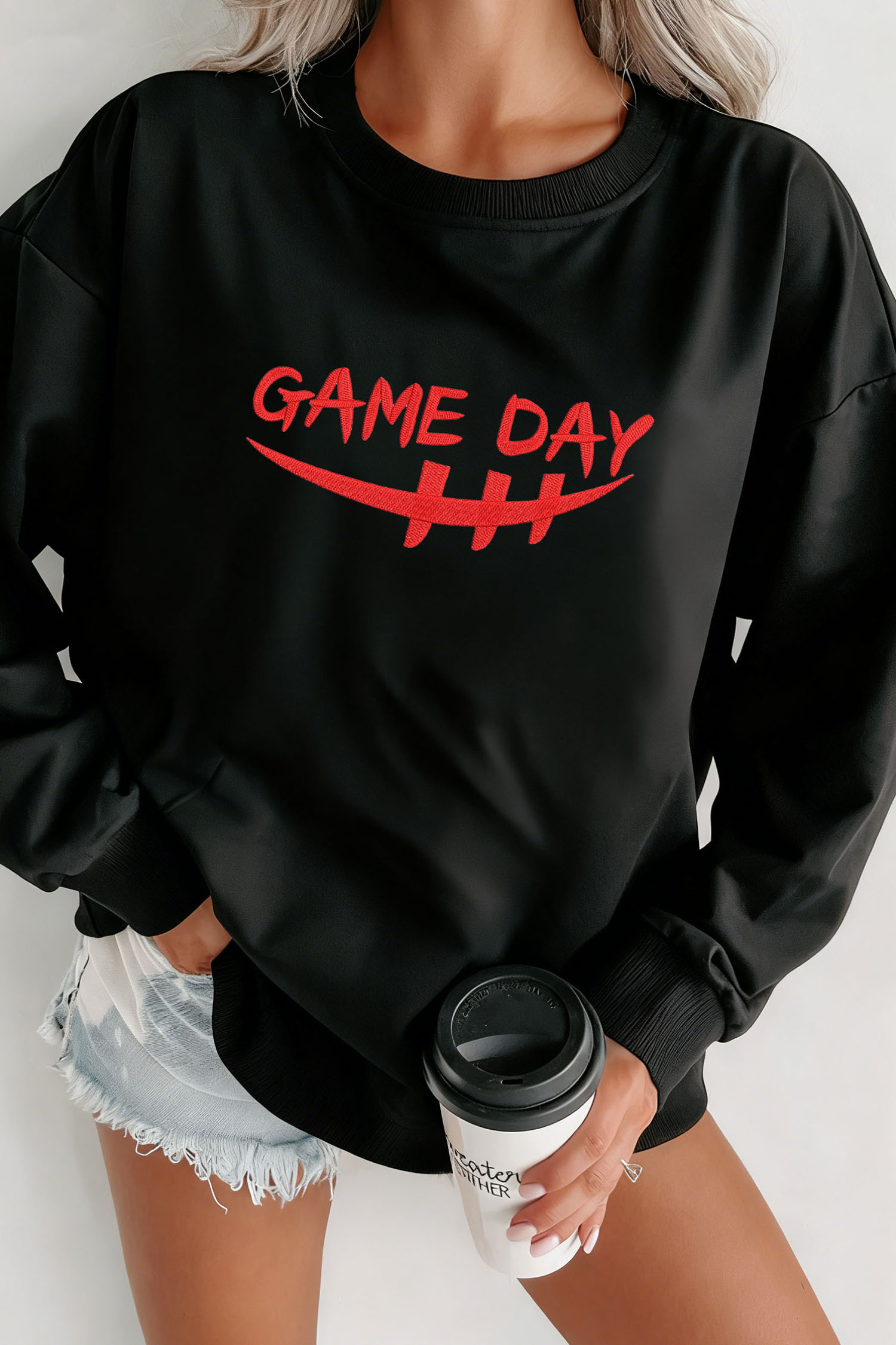 Black GAME DAY Embroidered Graphic Casual Pullover Sweatshirt