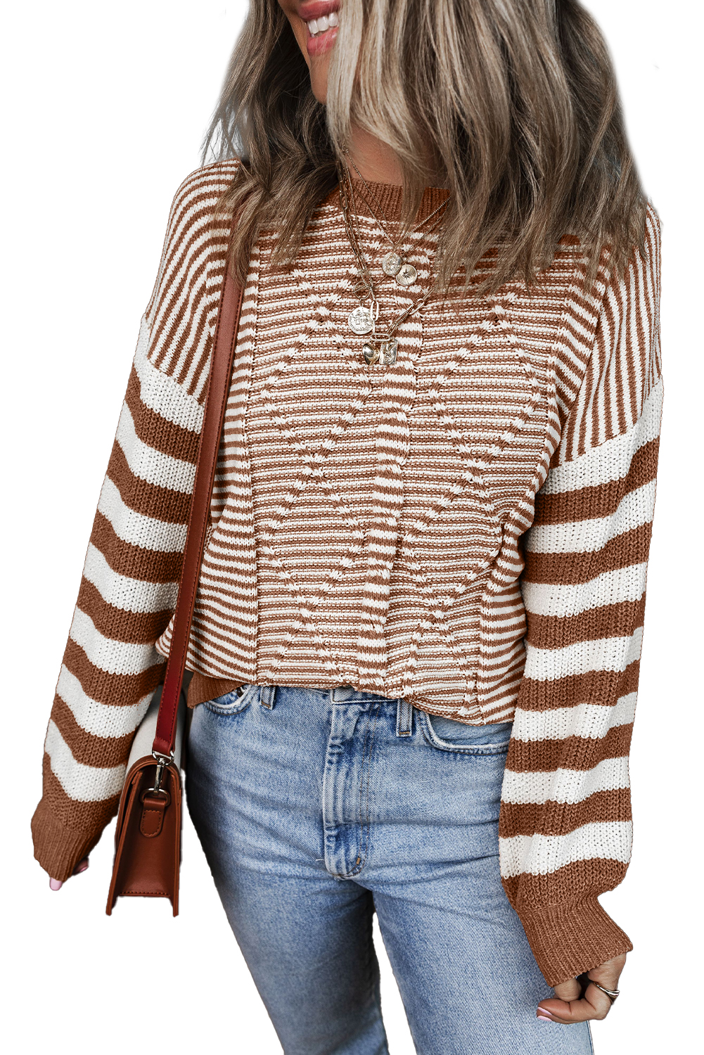 Gray Stripe Geometric Textured Drop Shoulder Sweater