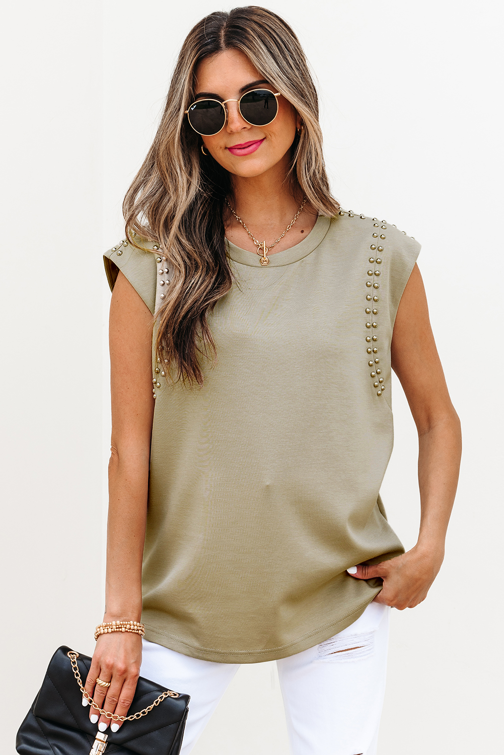 Sage Green Studded Cap Sleeve Round Neck T Shirt