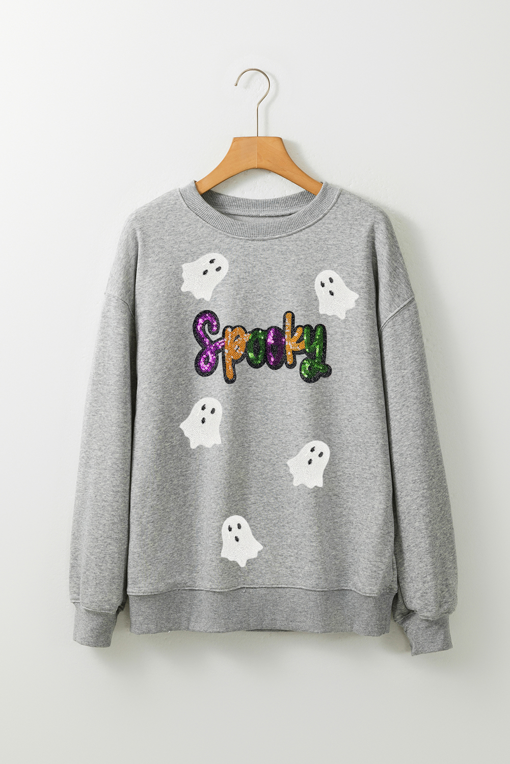 Gray Spooky Halloween Ghost Sequin Patched Sweatshirt