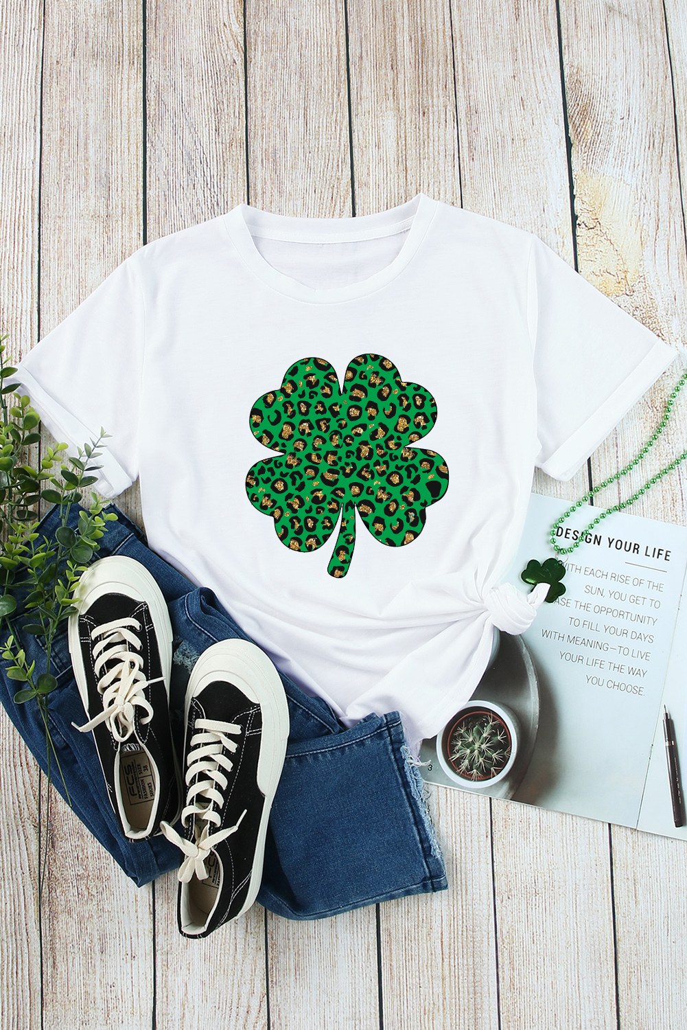 Black St. Patricks Lucky Clover Print O Neck T Shirt
