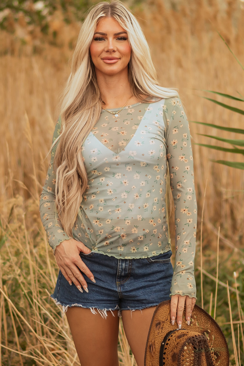 Laurel Green Vintage Floral Print Southern Style Mesh Long Sleeve Top