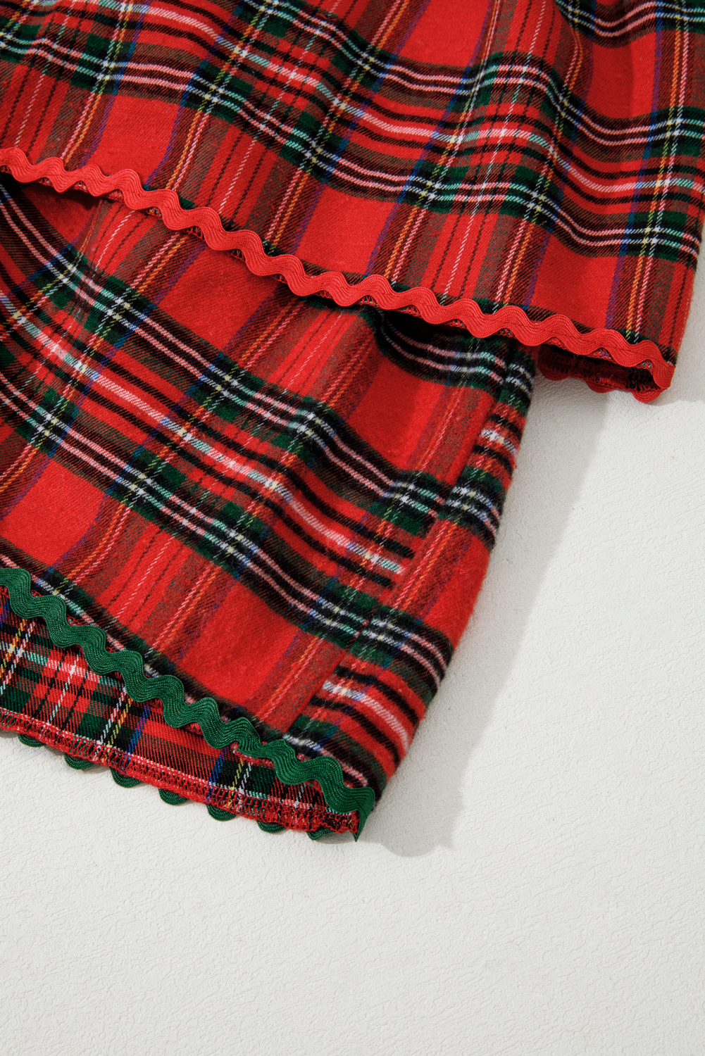Red Plaid Print Ricrac Tiered Bubble Sleeve Mini Dress