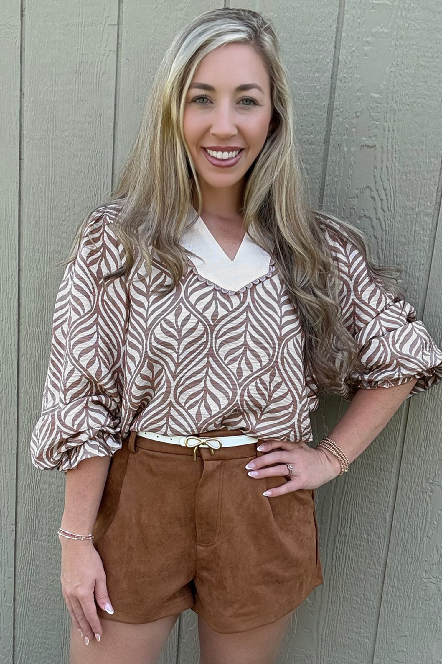 Brown Leaf Print Standing Collar Puff Sleeve Top