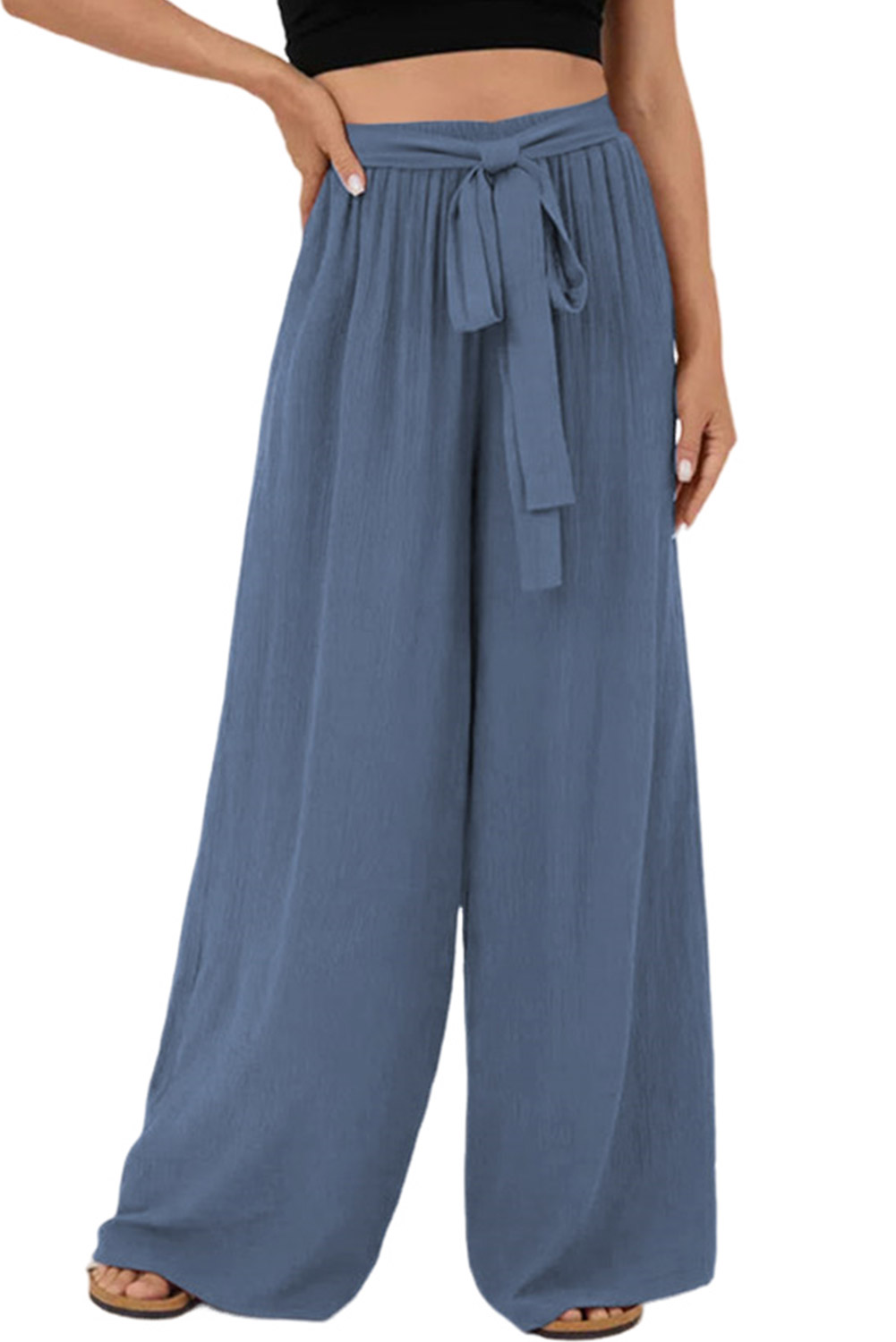 Rose Tan High Waisted Tie Front Side Pocket Wide Leg Flowy Casual Pants