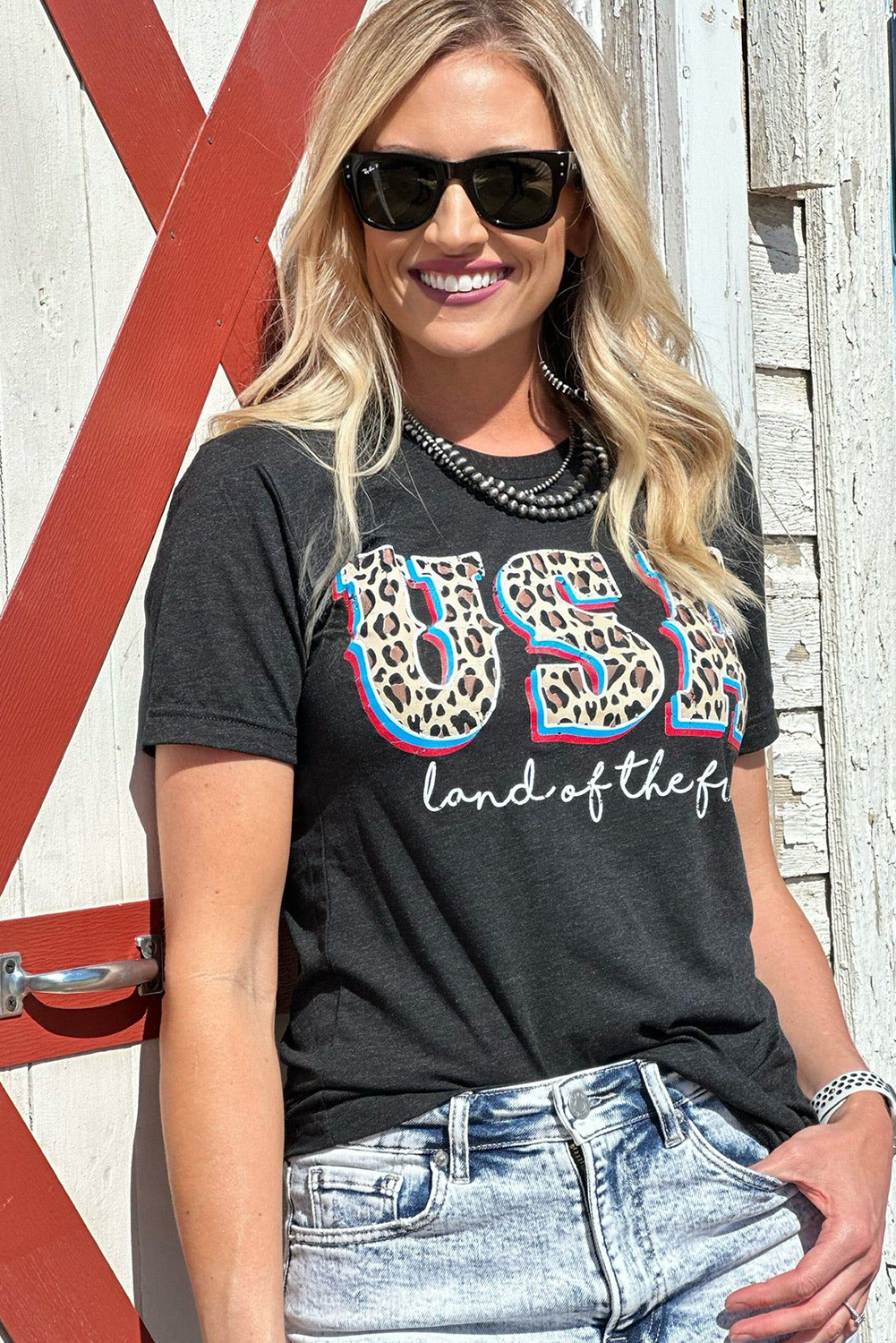 Gray Blooming USA Flag Print Casual T Shirt
