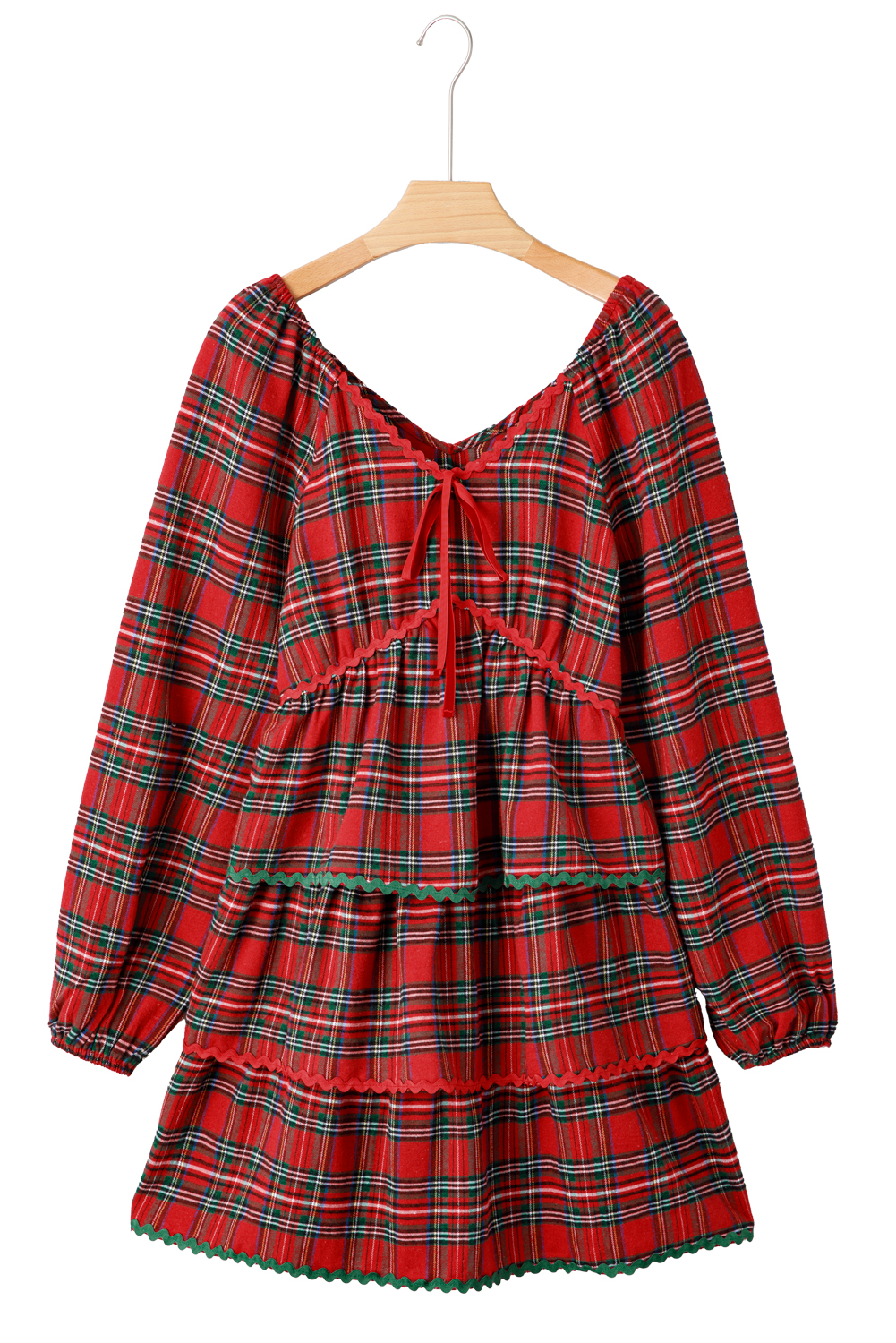 Red Plaid Print Ricrac Tiered Bubble Sleeve Mini Dress