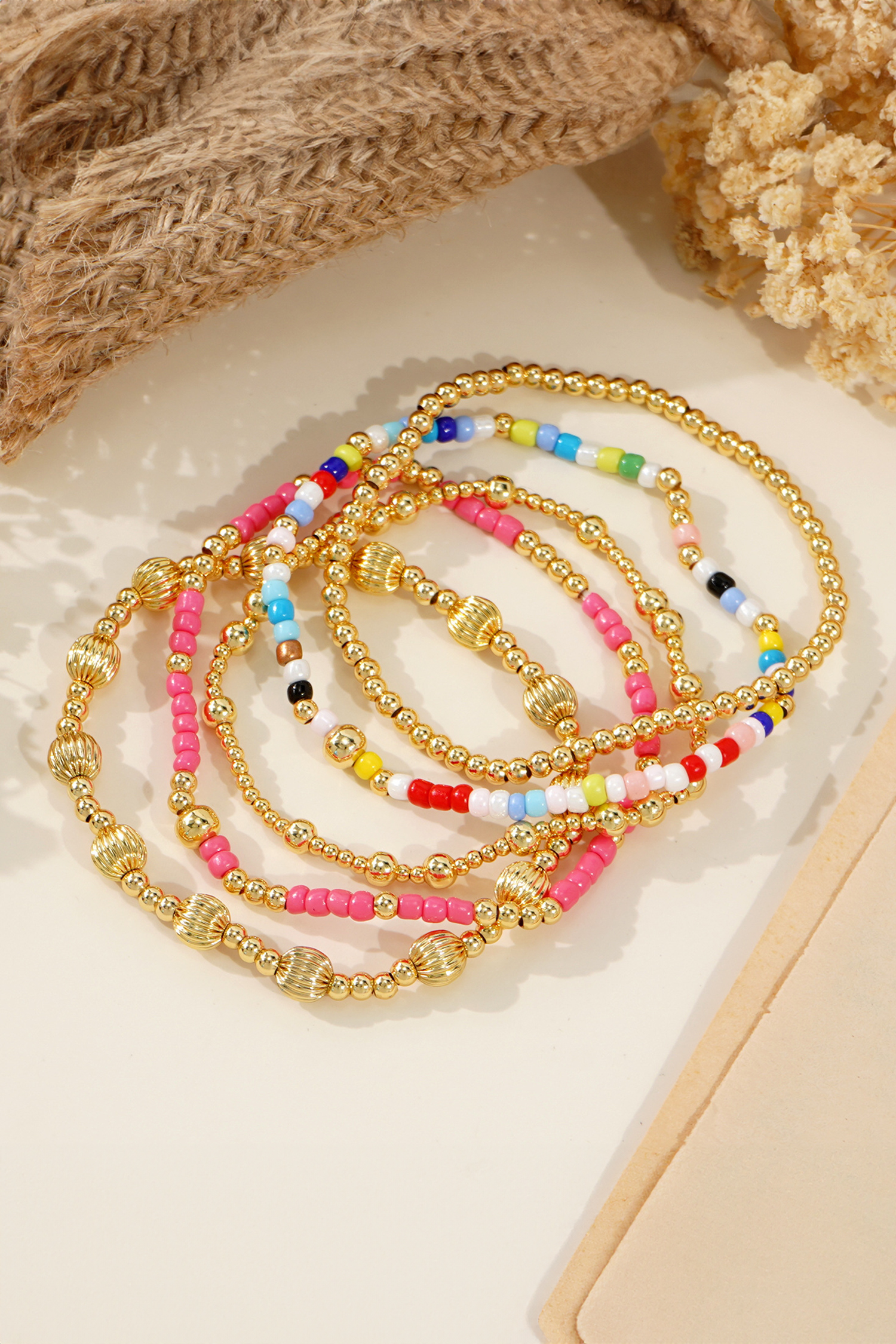 Gold 5pcs Vibrant Beading Stackable Elastic Bracelet Set