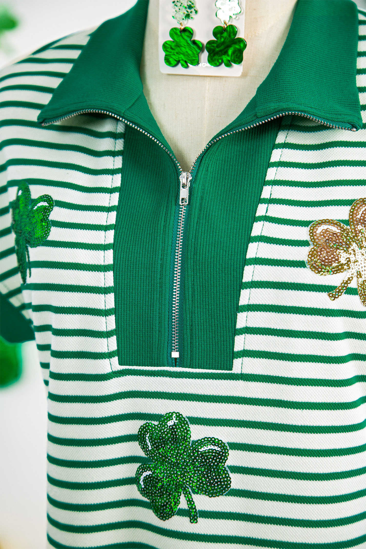 Green Stripe Magic St Patricks Day Sequin Graphic Zip Polo Tee Dress