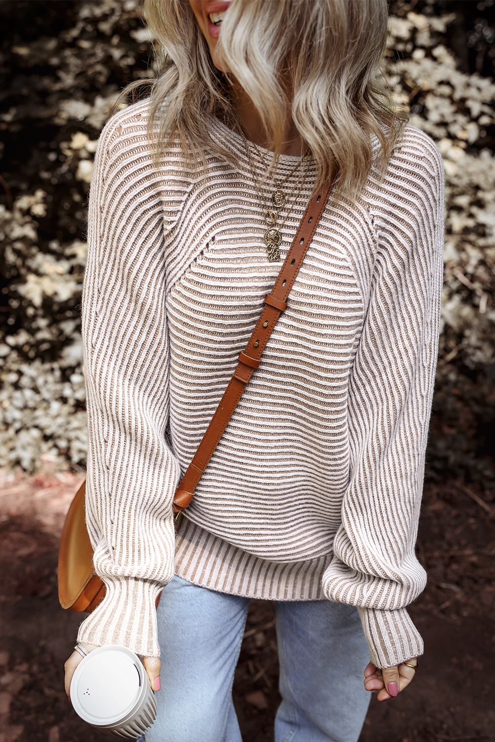 Coffee Striped Print Ribbed Knit Boat Neck Baggy Sweater