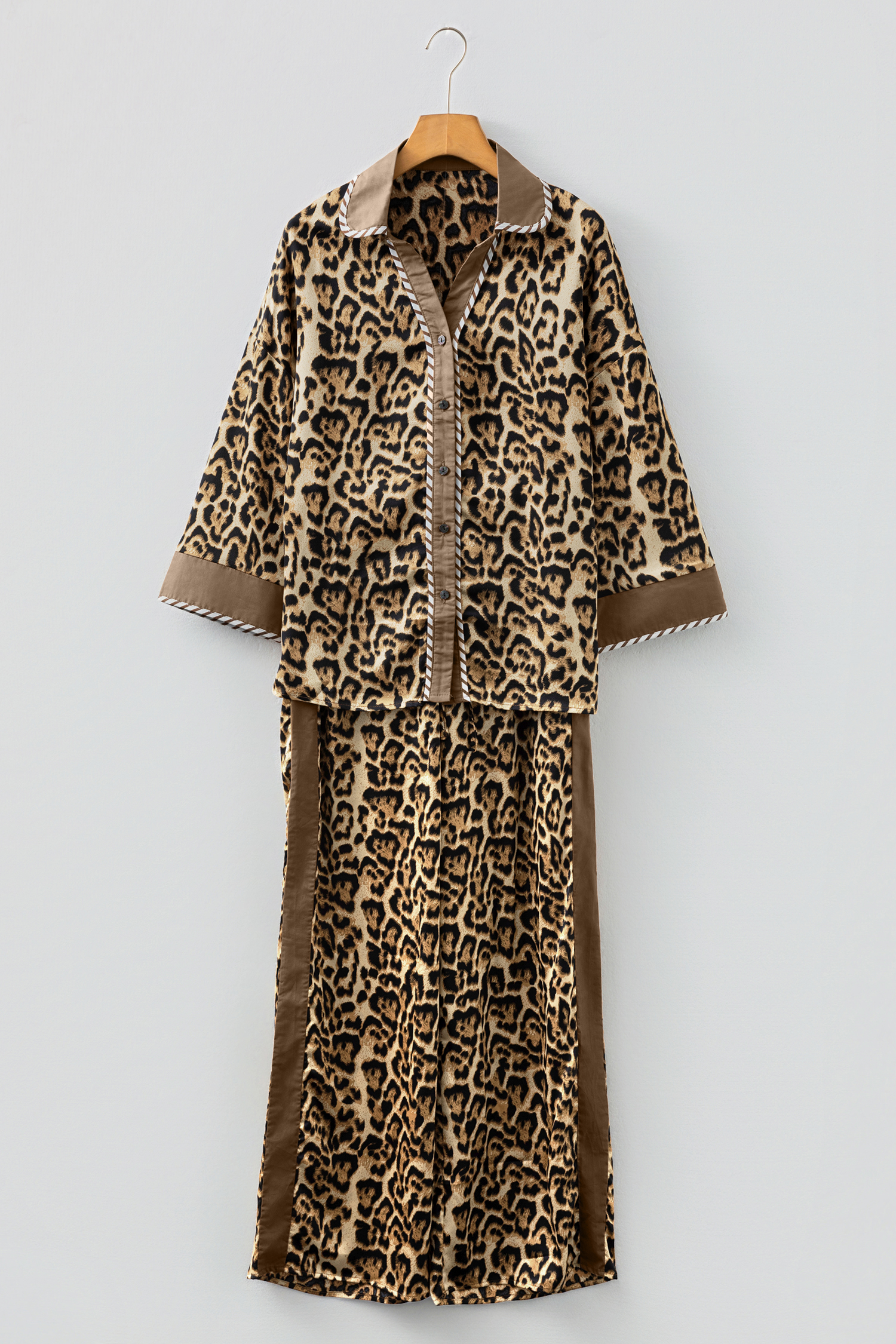 Brown Leopard Collared 3/4 Sleeve Shirt and Loose Pants Two Piece Outfit Set