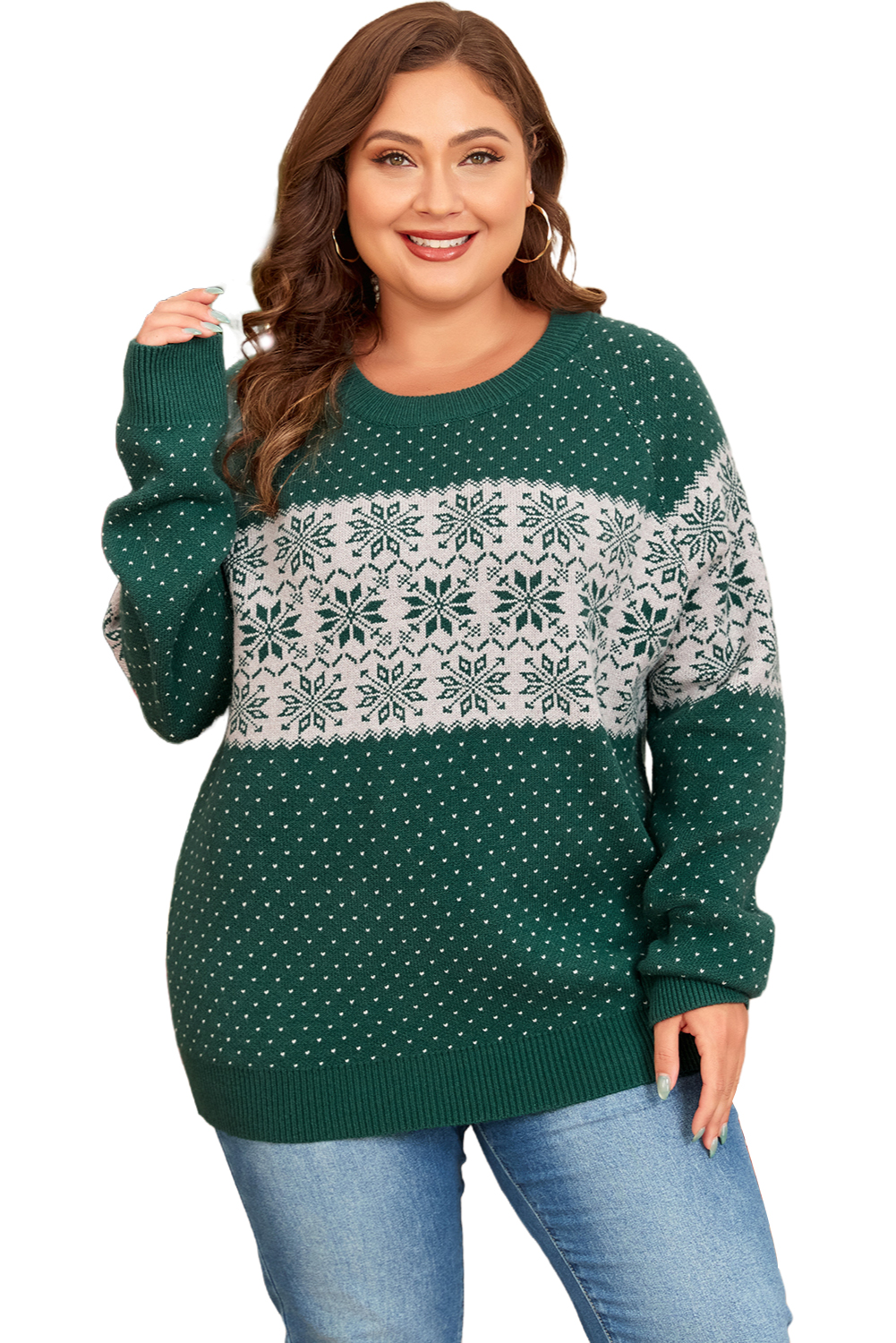 Green Christmas Snowflake Dotted Print Round Neck Sweater
