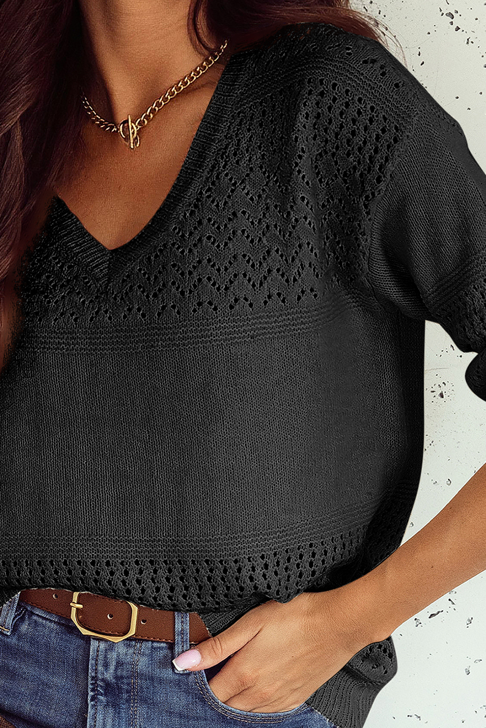 Sky Blue Eyelet Pattern Detail V Neck Drop Shoulder Sweater