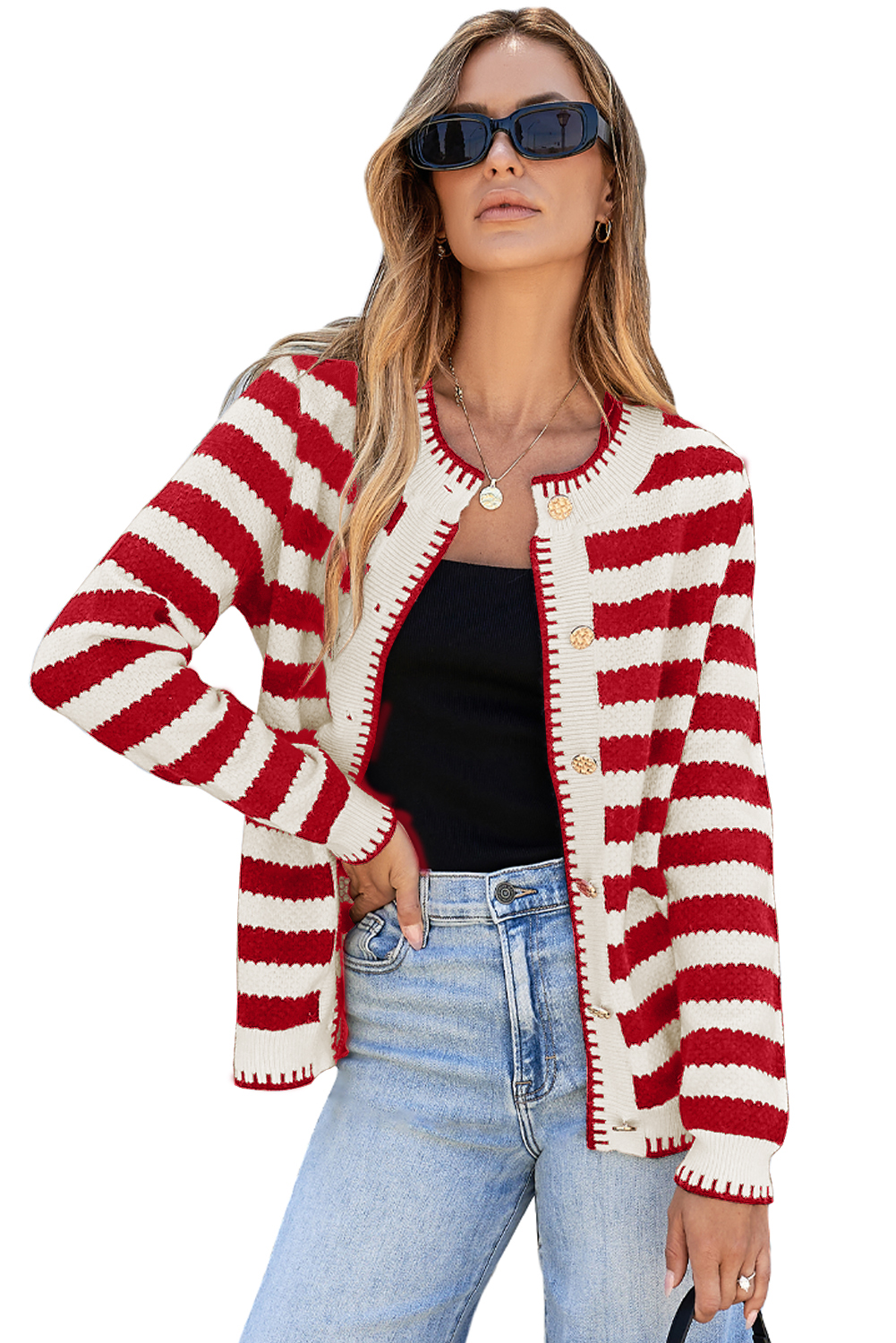 Red Stripe Chic Golden Button Cardigan Sweater