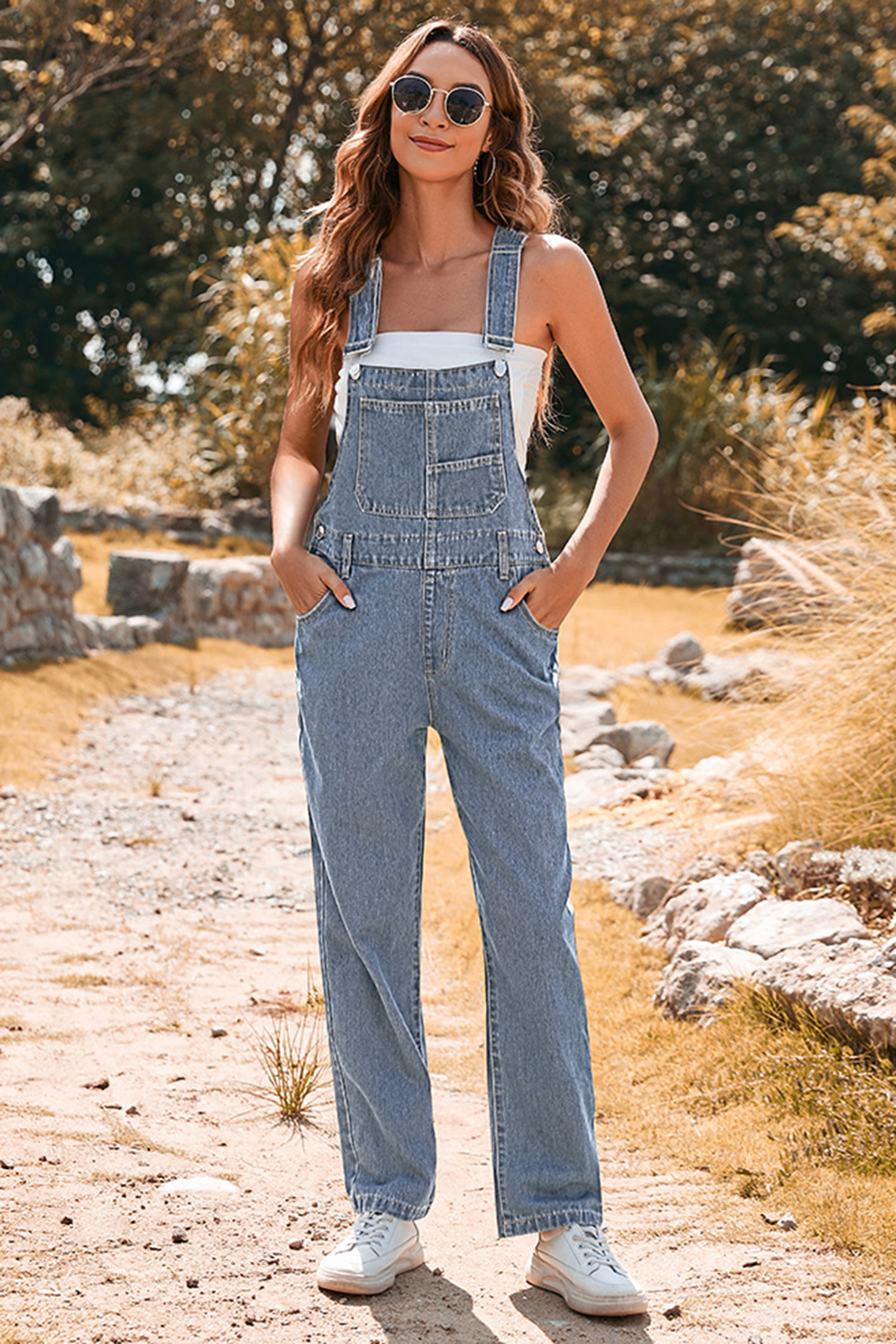 Light Blue Retro Bib Pocket Buckle Straps Casual Denim Jumpsuit