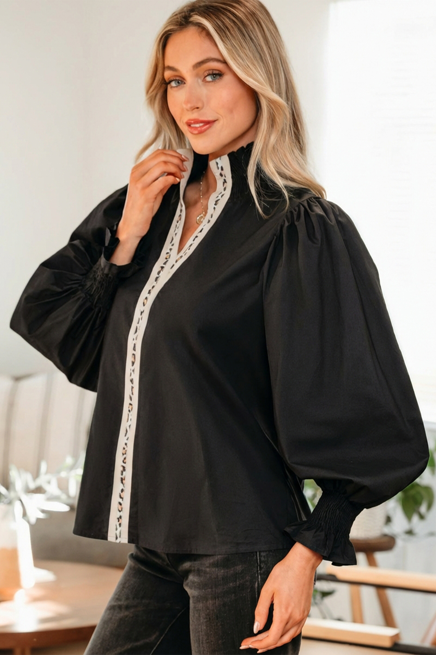 Evergreen Puffy Flounce Sleeve Leopard Trim V Neck Blouse