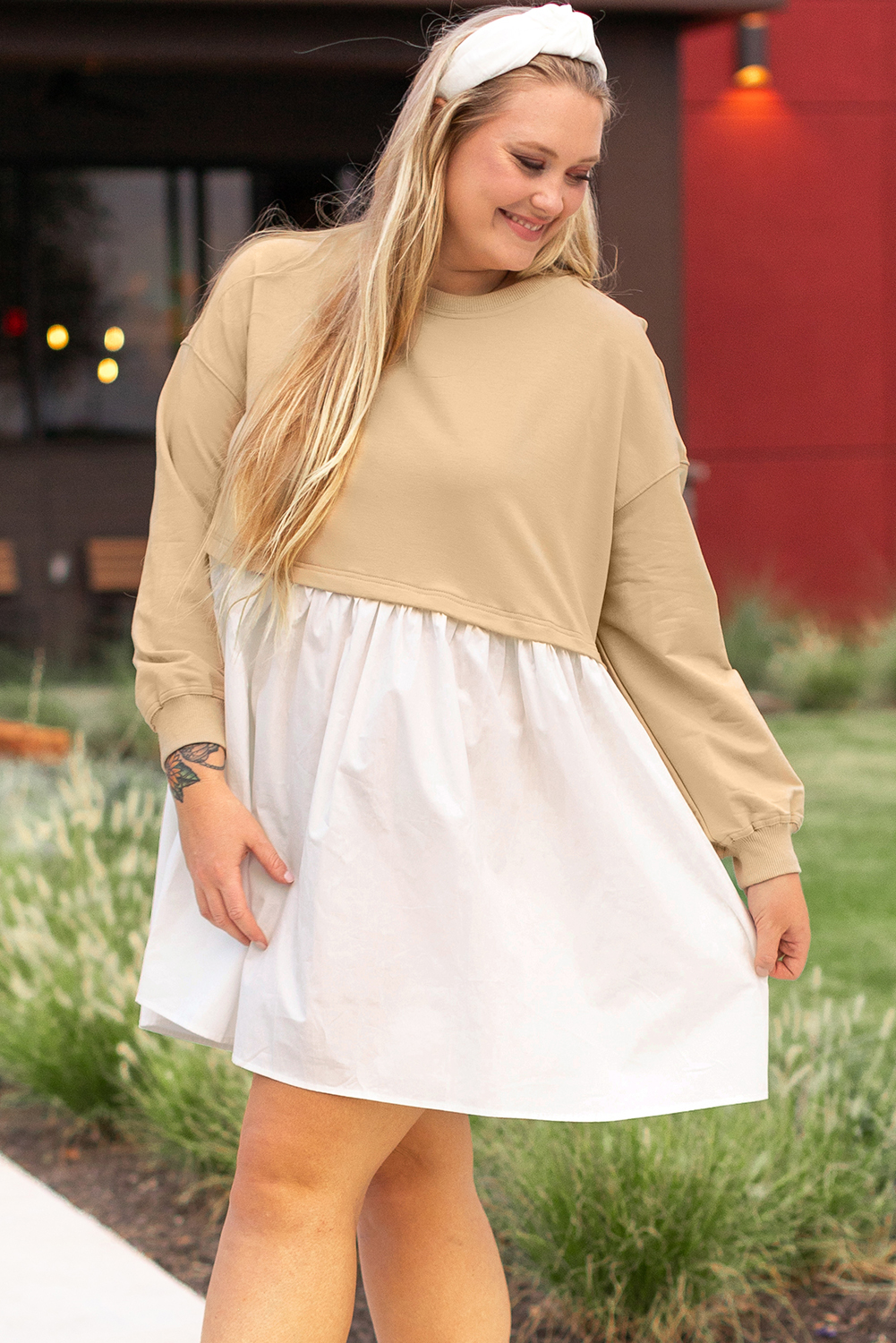 Pale Khaki Sweatshirt Poplin Mini Dress