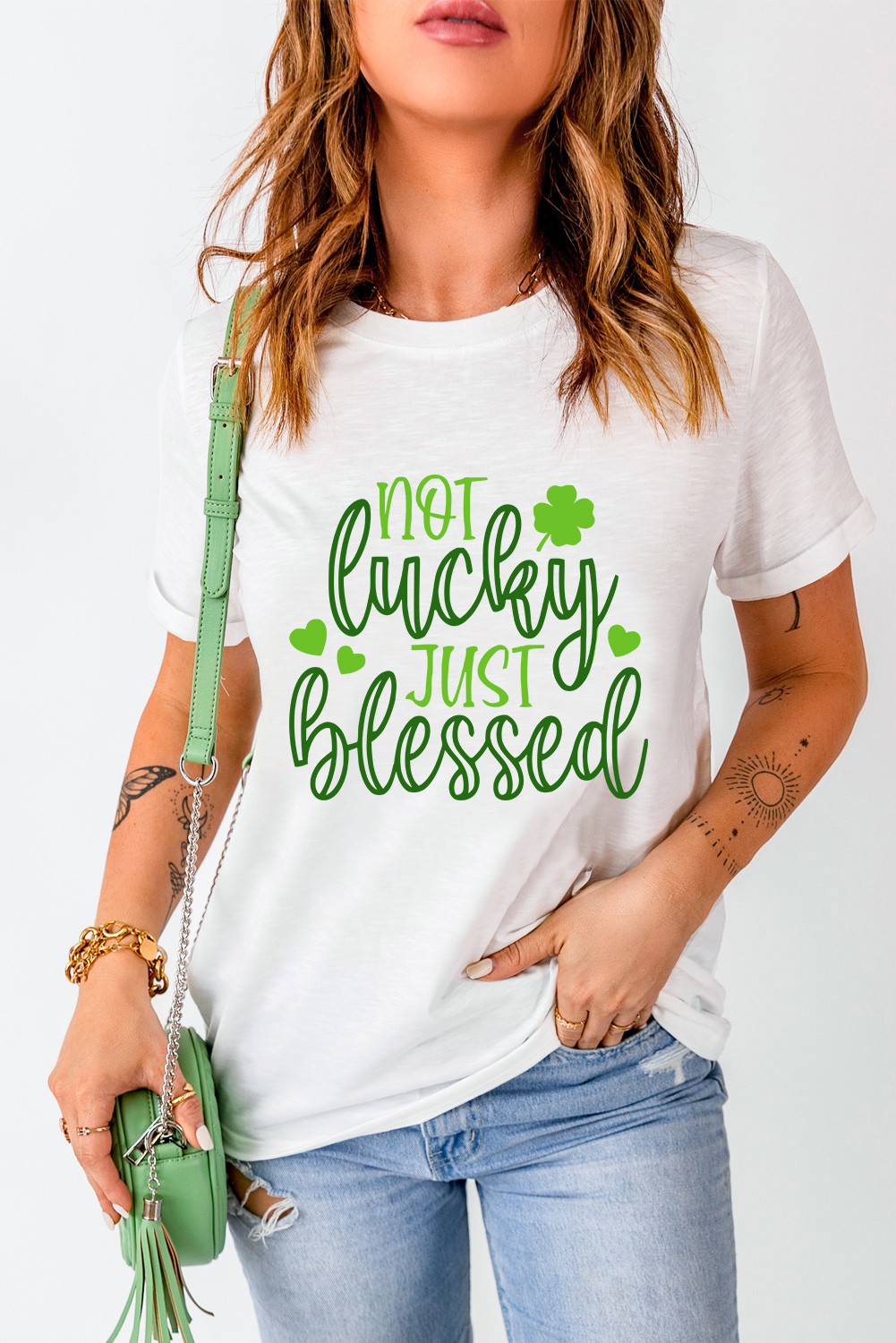 Black St. Patricks Lucky Clover Print O Neck T Shirt