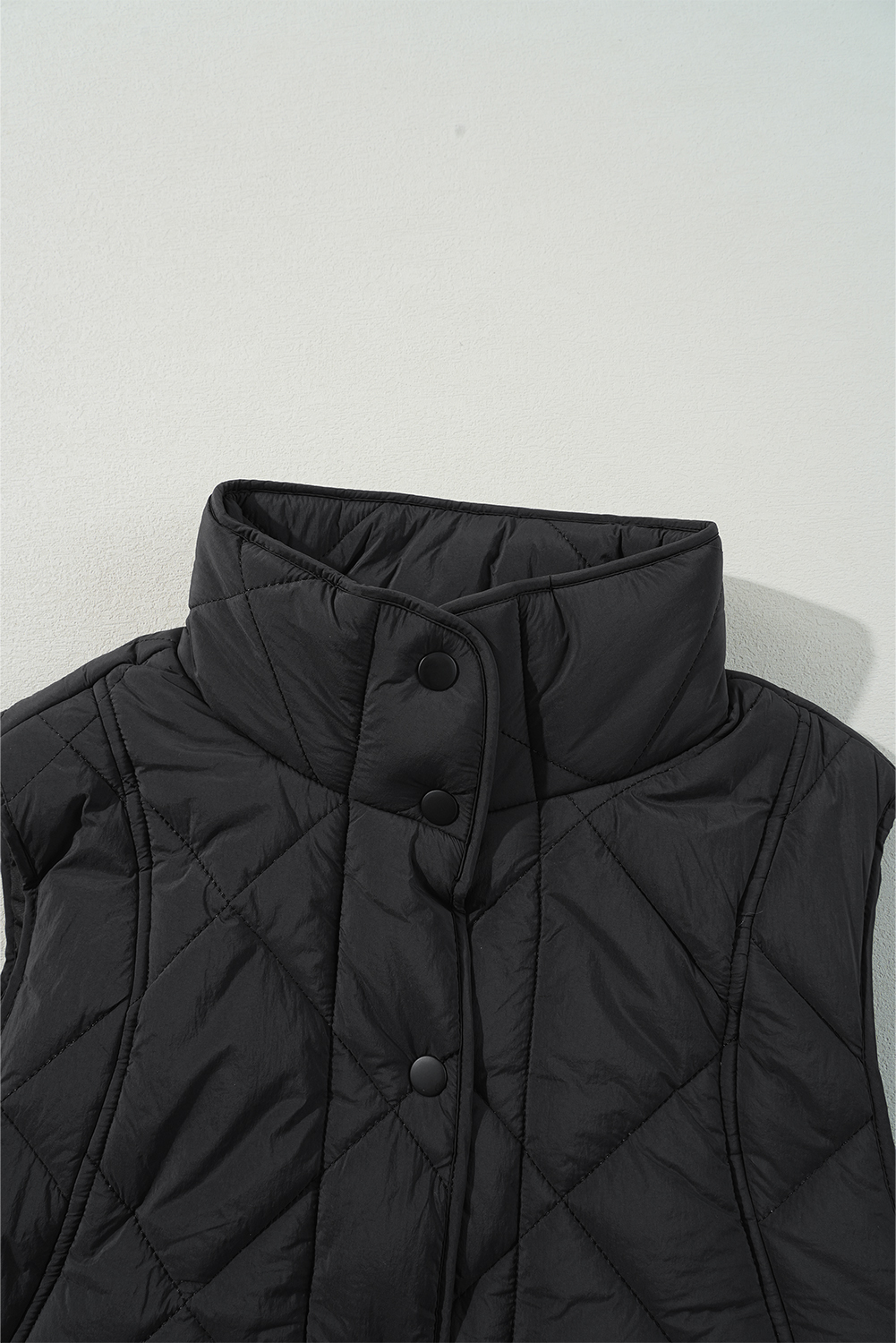 Beige Quilted High Neck Button Up Pocket Vest Coat