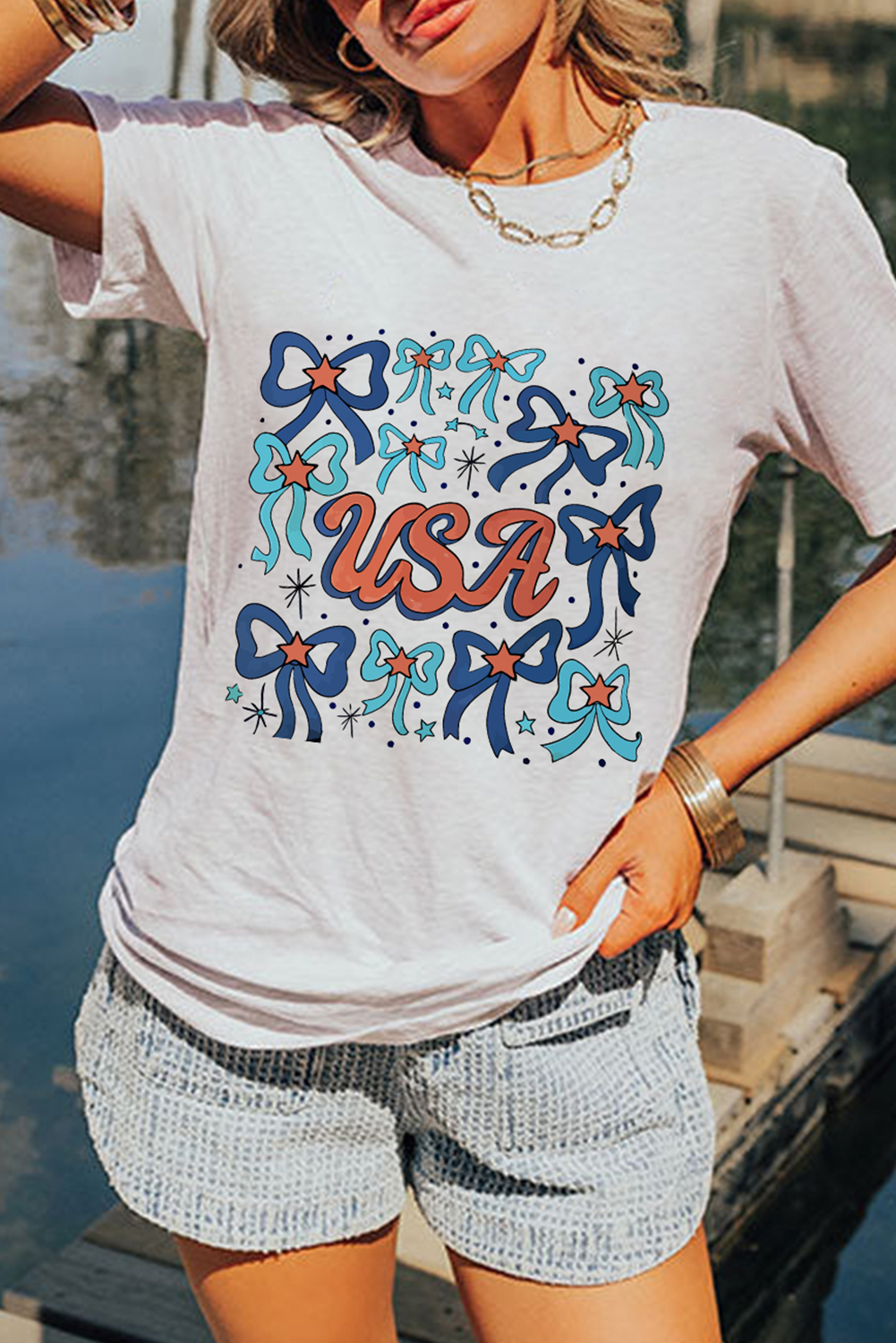 White USA Bowknot Graphic Tee