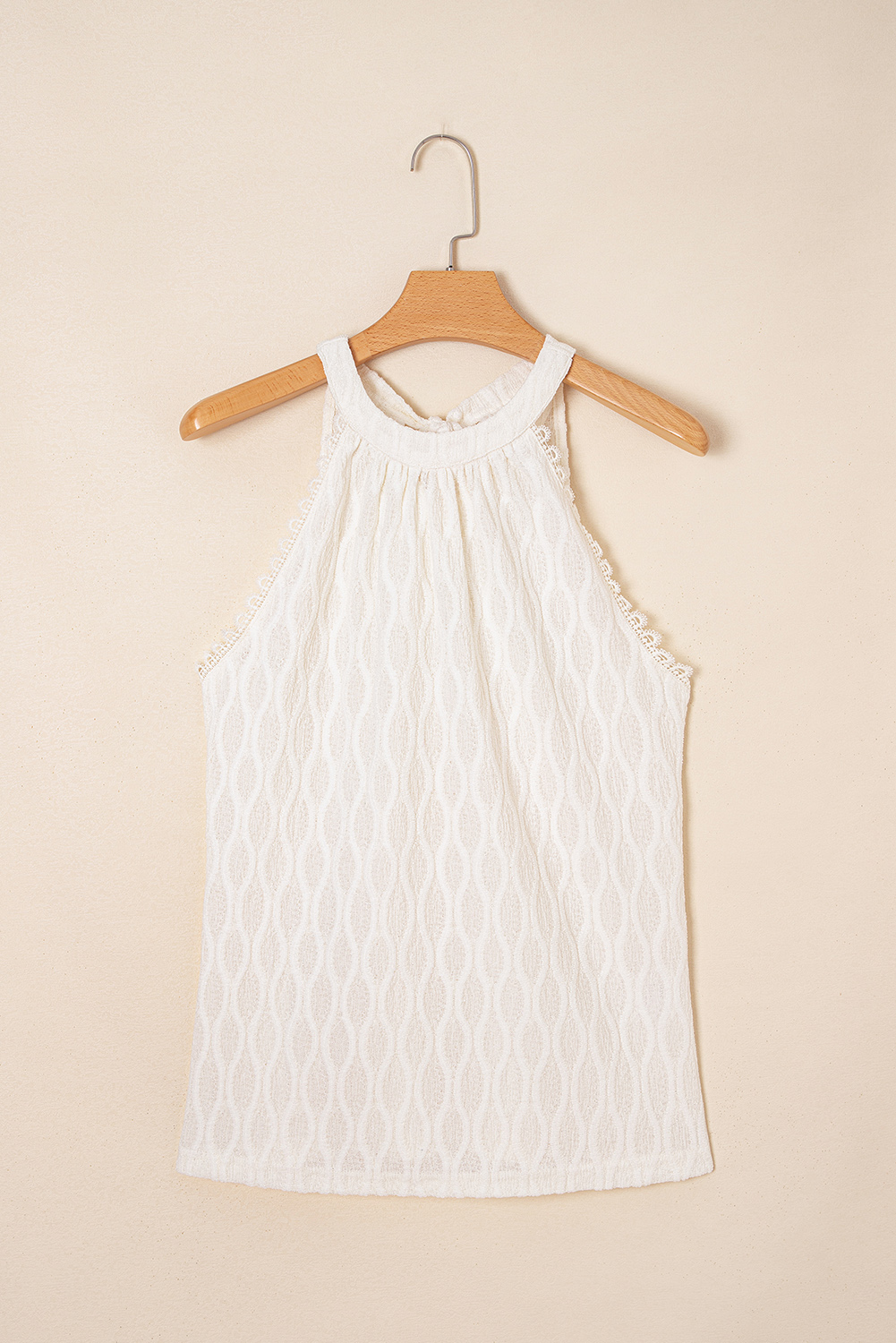 Beige Frenchy Lace Trim Textured Halter Tank Top