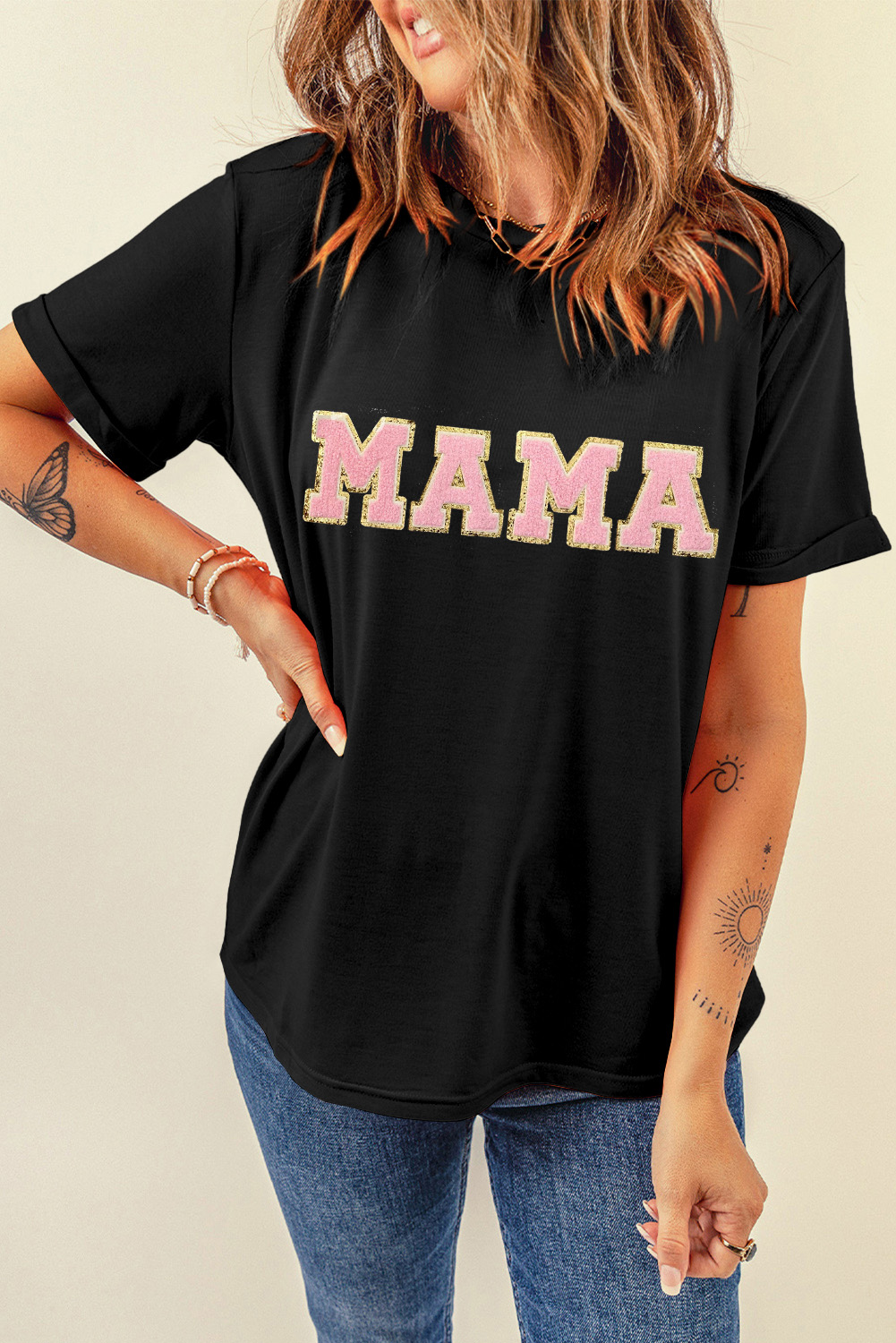 White MAMA Leopard Embroidered Crew Neck Graphic Tee