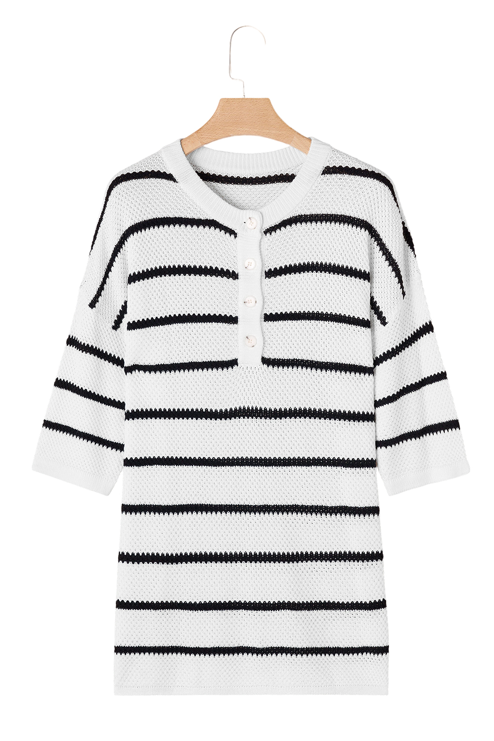 Black Stripe Henley Buttoned Placket Drop Shoulder Bracelet Sleeve Knit Sweater Tee