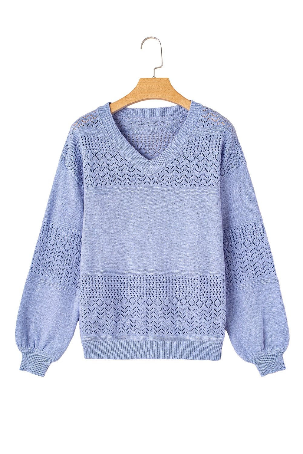 Sky Blue Eyelet Pattern Detail V Neck Drop Shoulder Sweater