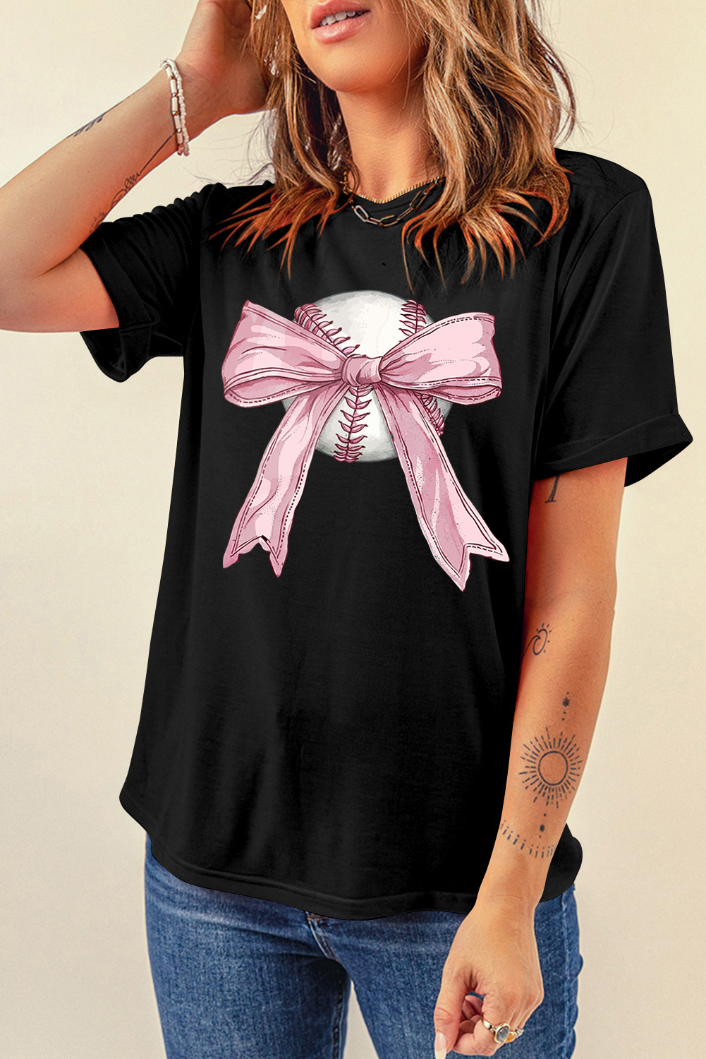 Black Baseball Bow Knot Print Round Neck T Shirt